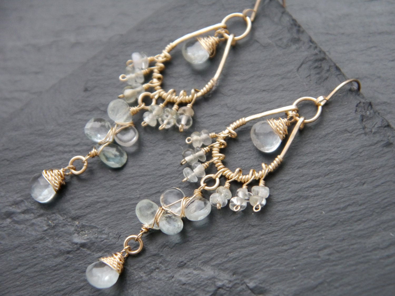 Aquamarine Floral Chandelier Earrings, 14K Gold Filled Elegant Dangle, Classic Bridal Jewelry