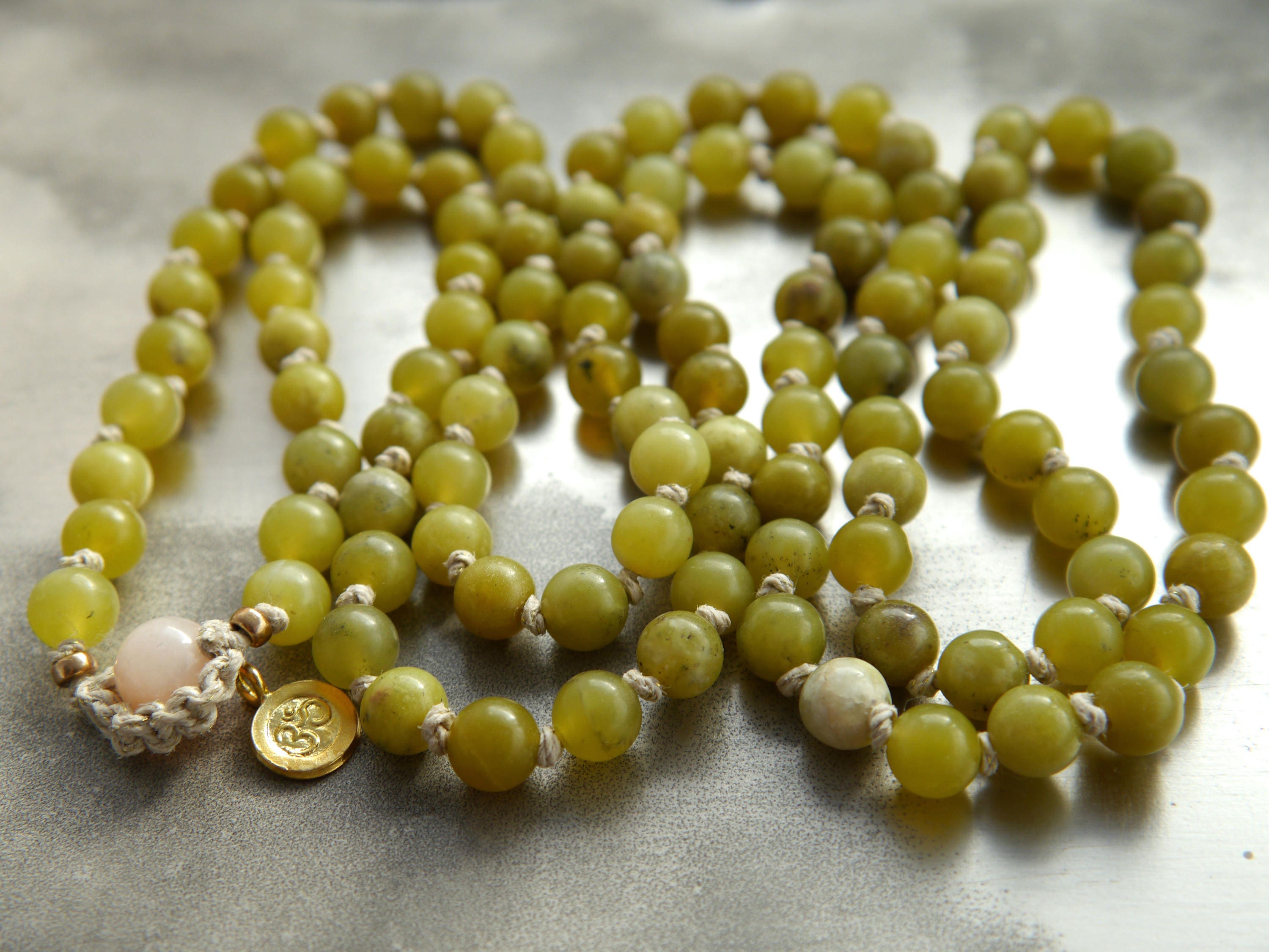 Olive Green Serpentine Mala Beads, 108 Gemstone Beads, Wrap, Hand Knotted