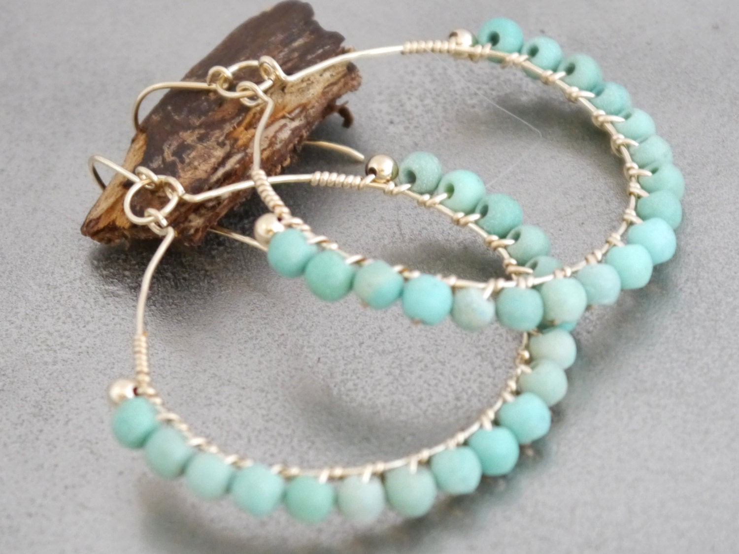 Turquoise Magnesite Hoop Gemstone Earrings, 14K Gold Filled Boho Chic