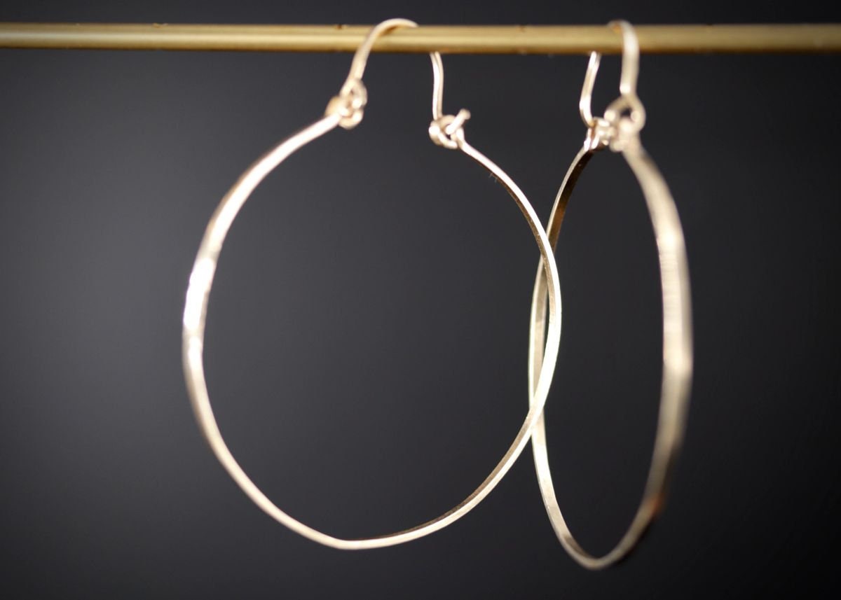14K Gold Filled Hoop Earrings Large, Hammered Boho Chic Style