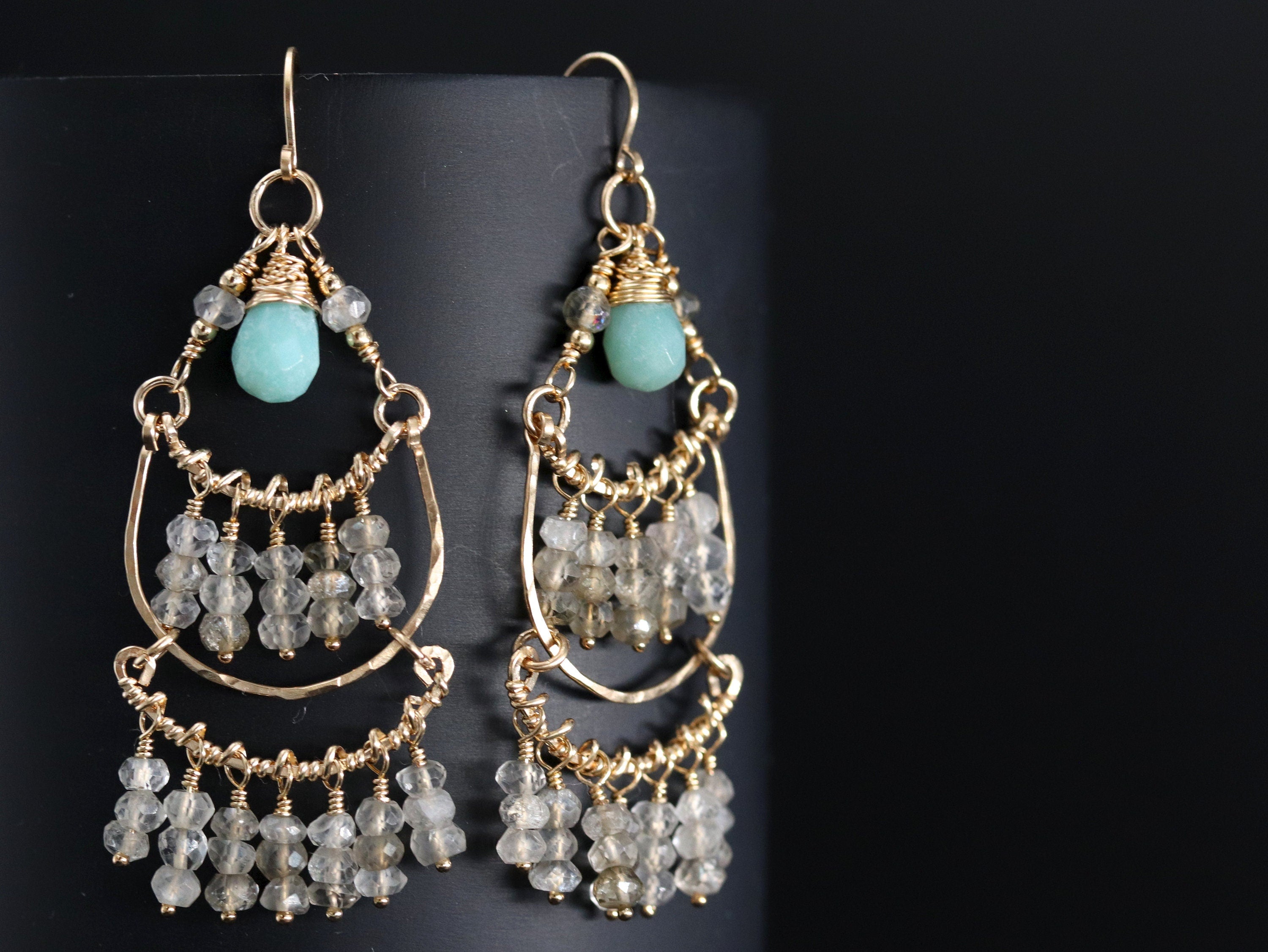 Labradorite Amazonite Chandelier Fringe Gemstone Earrings, 14K Gold Filled Bohemian Style