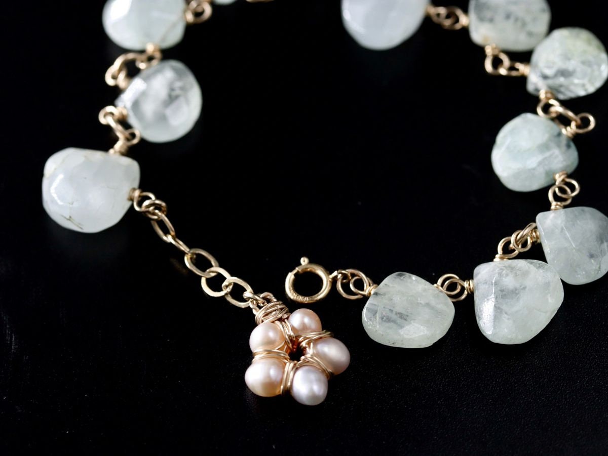 14K Gold Filled Aquamarine Pearl Floral Gemstone Bracelet, March Birthstone Bridal Jewelry