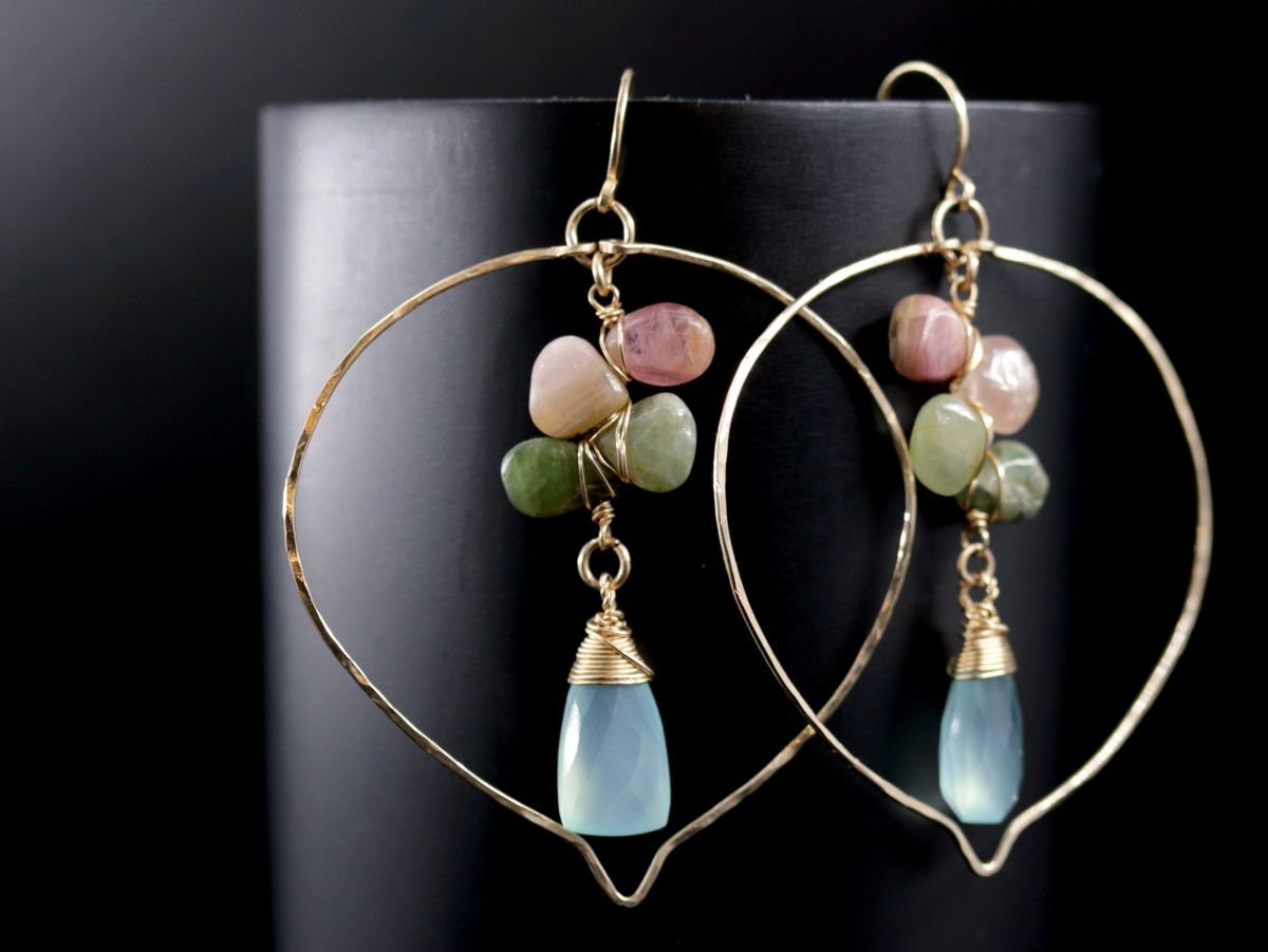 Aqua Chalcedony Tourmaline Floral Chandelier Gemstone Earrings, 14K Gold Filled