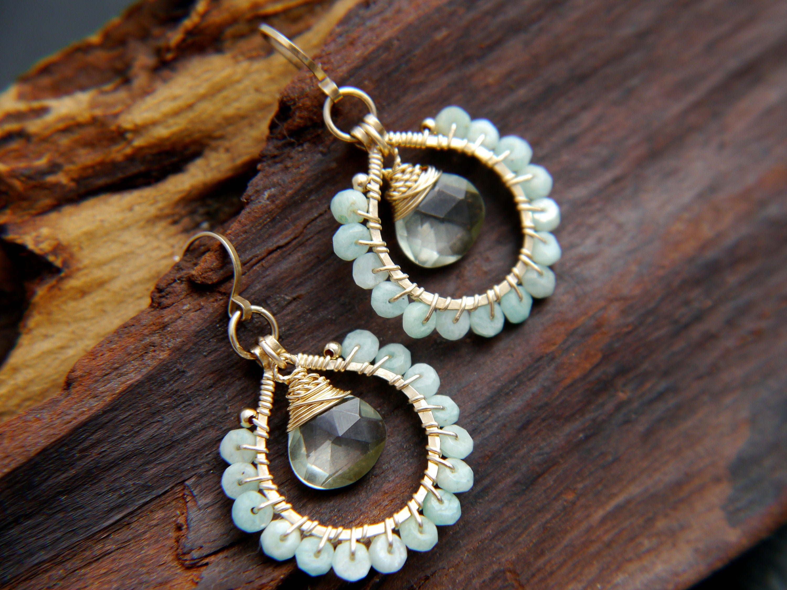Amazonite Green Amethyst Hoop Earrings, 14K Gold Filled Gemstone Hoops, February Birthstone