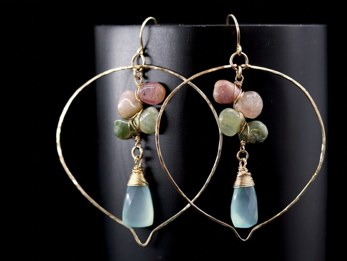 Aqua Chalcedony Tourmaline Floral Chandelier Gemstone Earrings, 14K Gold Filled
