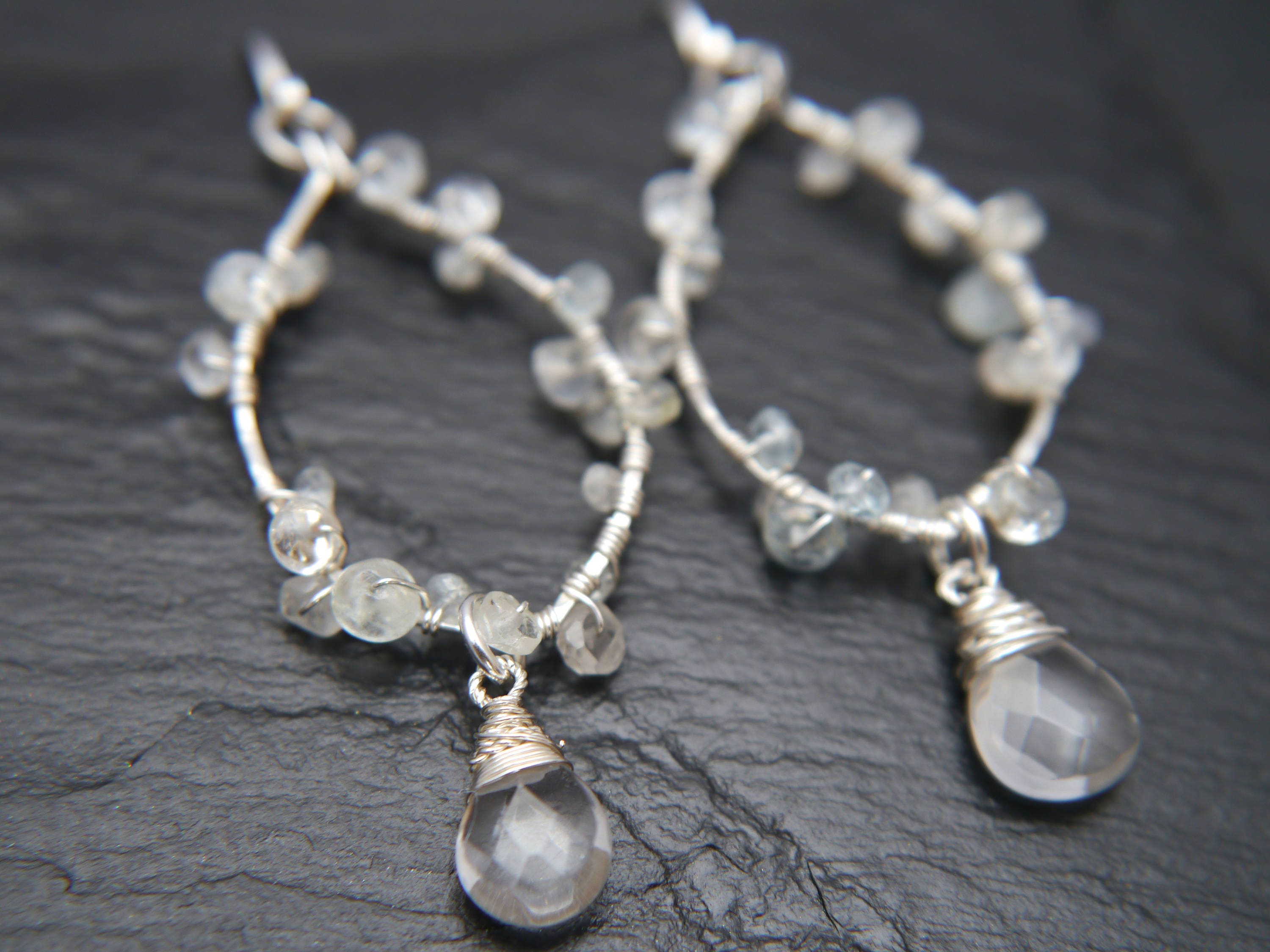 Aquamarine Quartz Floral Chandelier Dangle Gemstone Earrings, Sterling Silver, Bridal