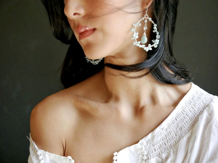 Aquamarine Amazonite Floral Chandelier Hoop Gemstone Earrings, Sterling Silver