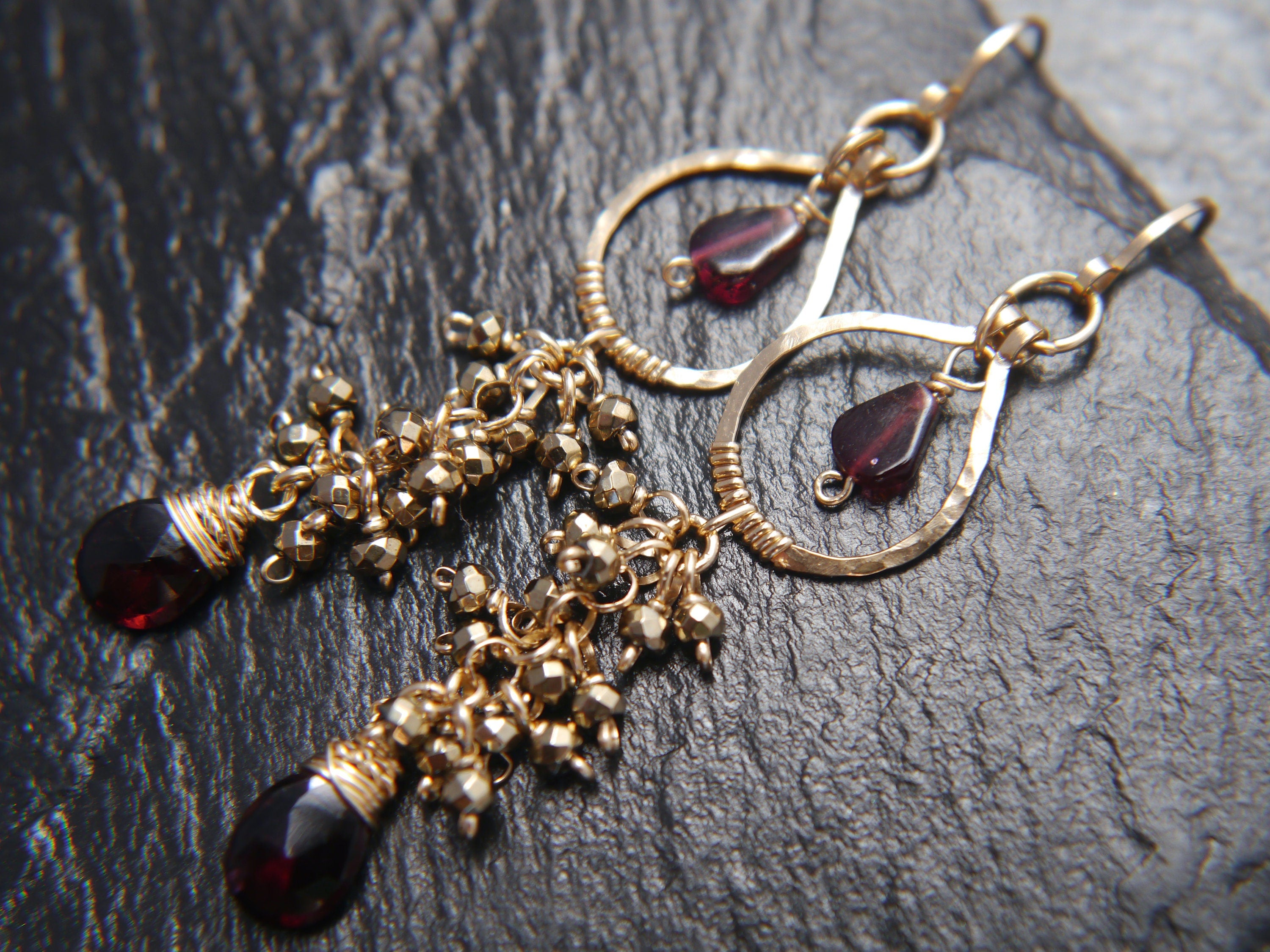 Garnet Chandelier Floral Gemstone Earrings, 14K Gold Filled Bohemian Style