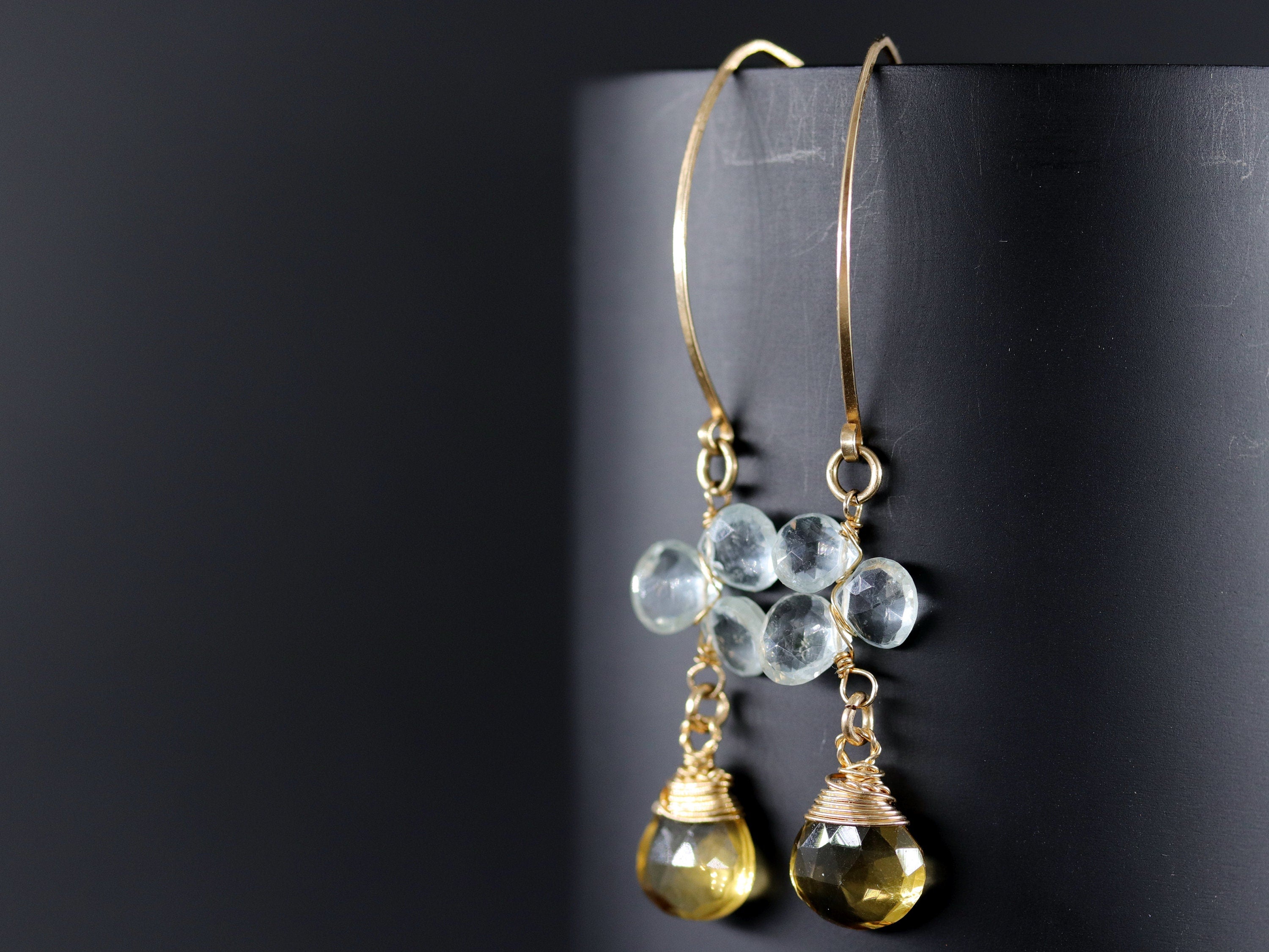 Aquamarine Citrine Floral Hoop Gemstone Earrings, 14K Gold Filled Bohemian Chic