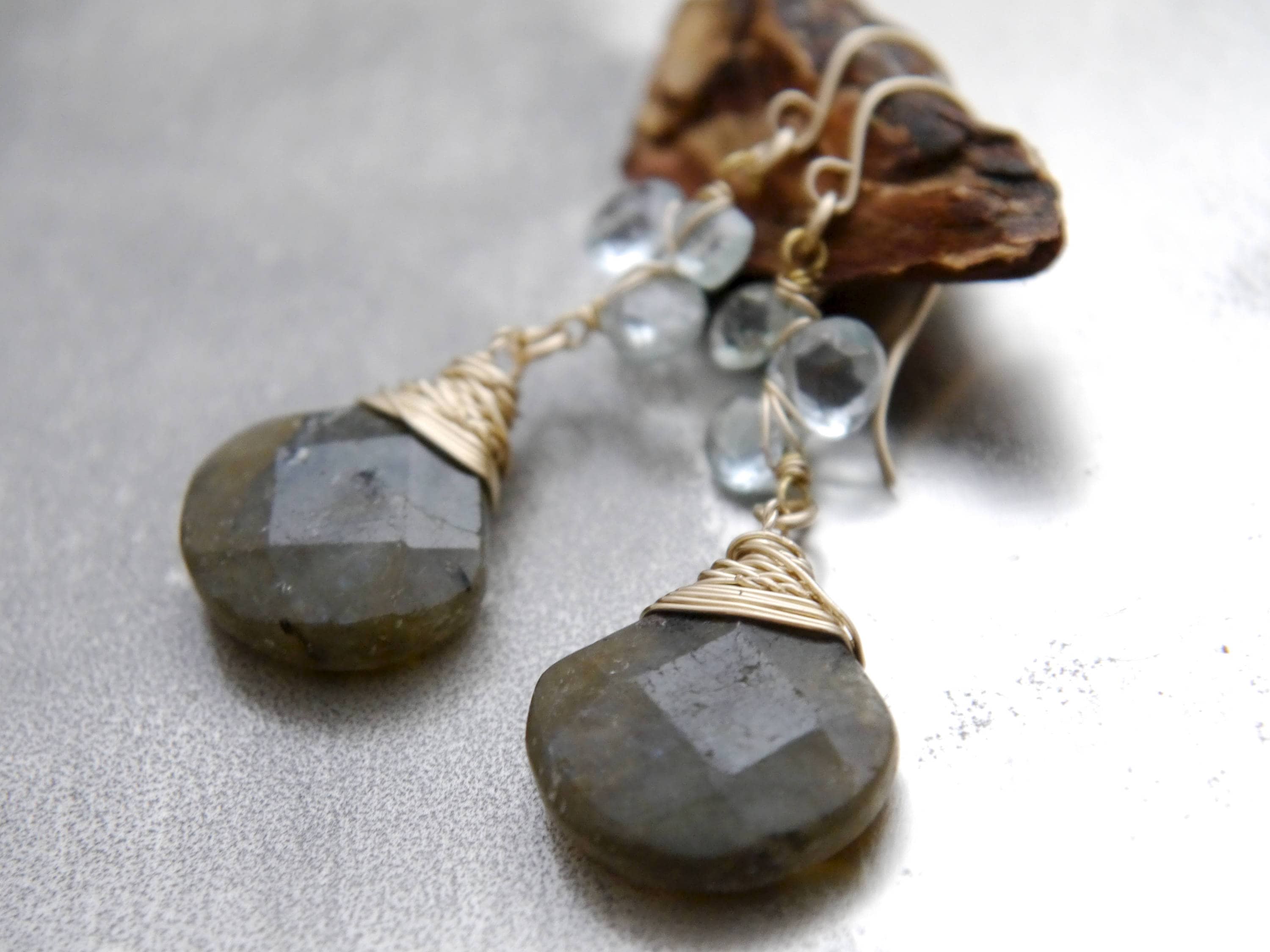 Aquamarine Labradorite Floral Teardrop Gemstone Earrings, 14K Gold Filled Bridal