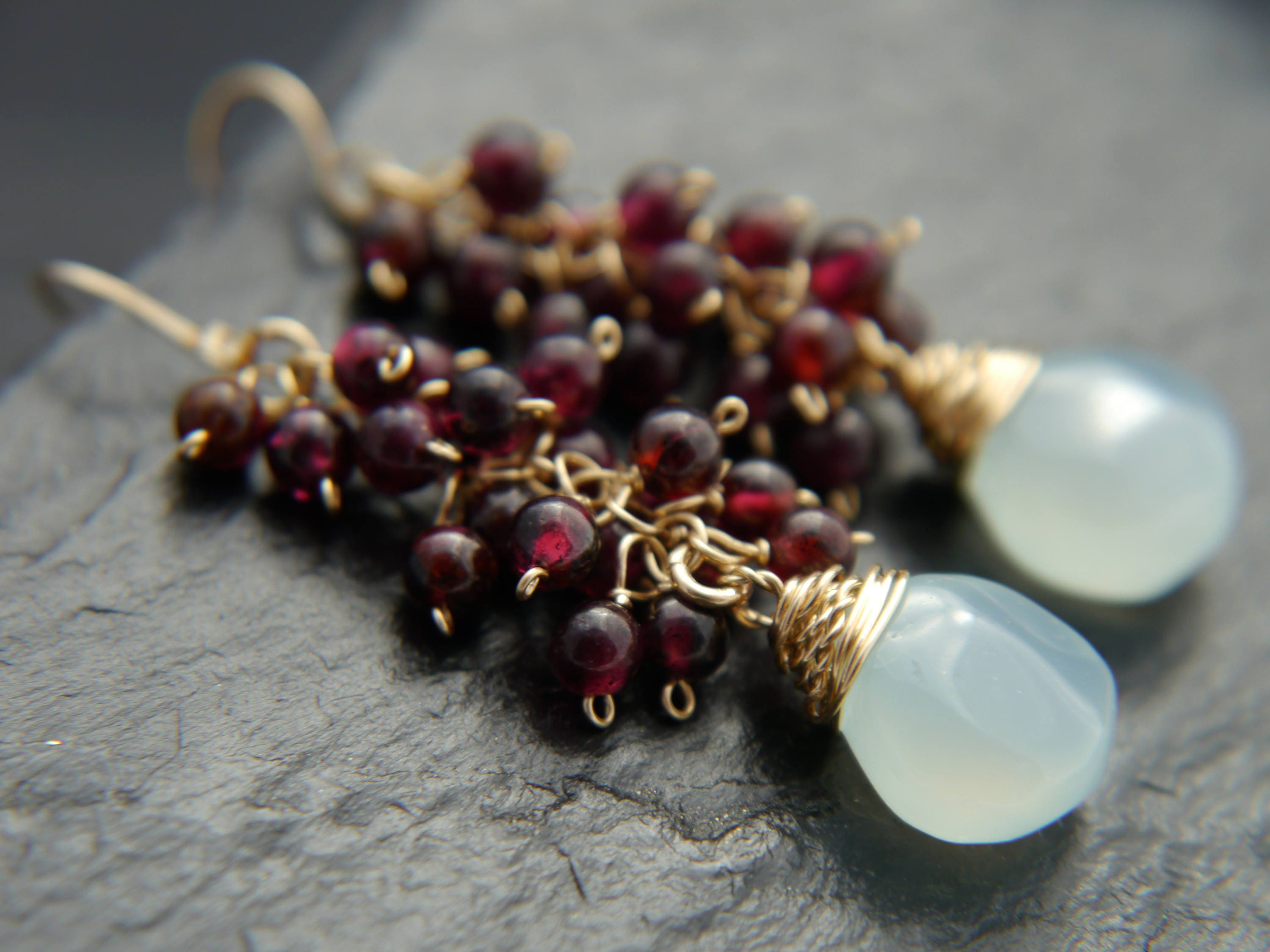 Aqua Chalcedony Garnet Cluster Earrings, 14K Gold Filled Briolette Dangle, Boho Jewelry