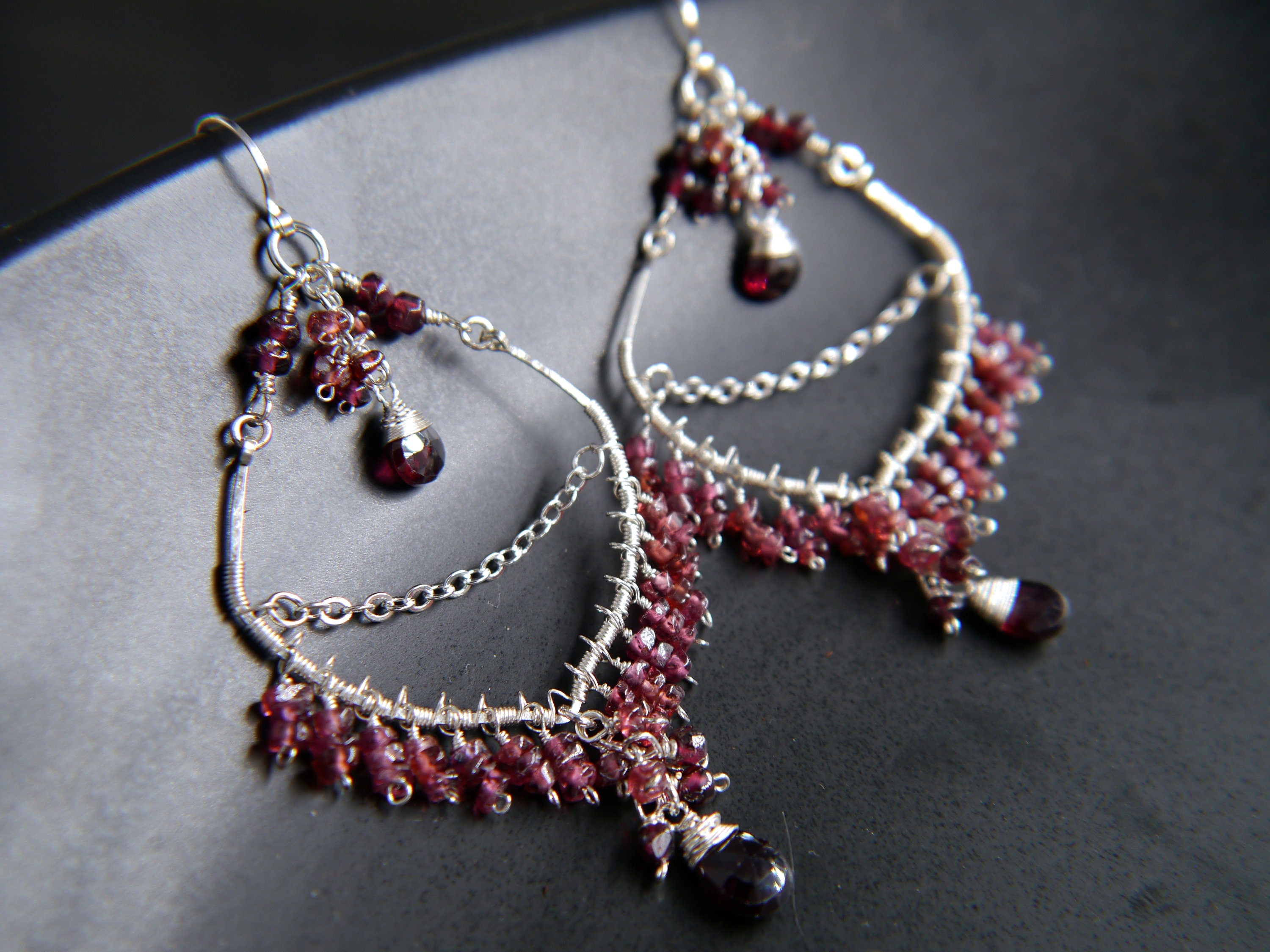 Garnet Chandelier Fringe Gemstone Earrings, Sterling Silver, Bohemian Style