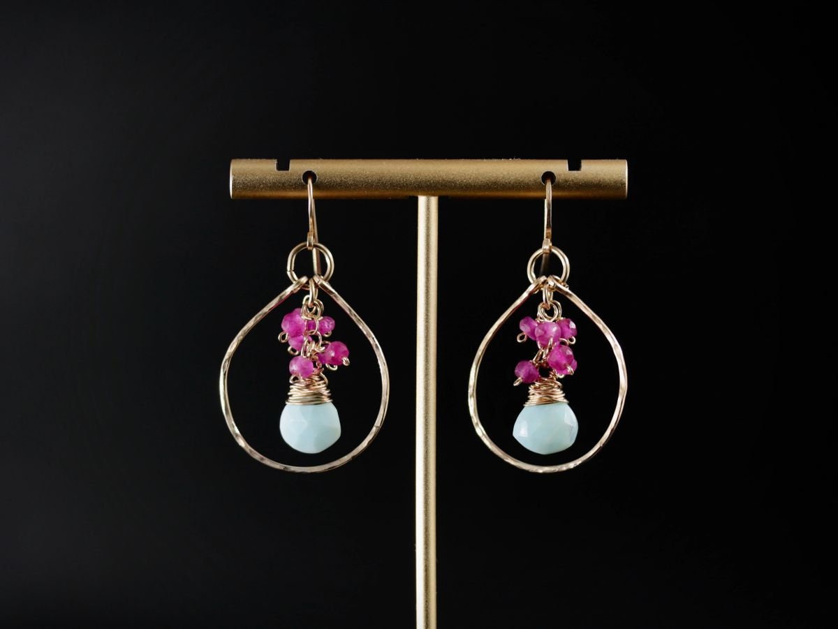 Peruvian Opal Ruby Floral Gemstone Earrings, 14K Gold Filled Bohemian Jewelry