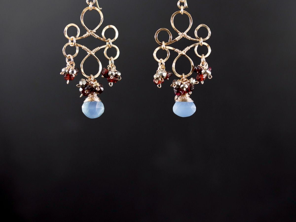 Garnet Blue Chalcedony Heart Chandelier, Gemstone Earrings, 14K Gold Filled Bohemain Jewelry