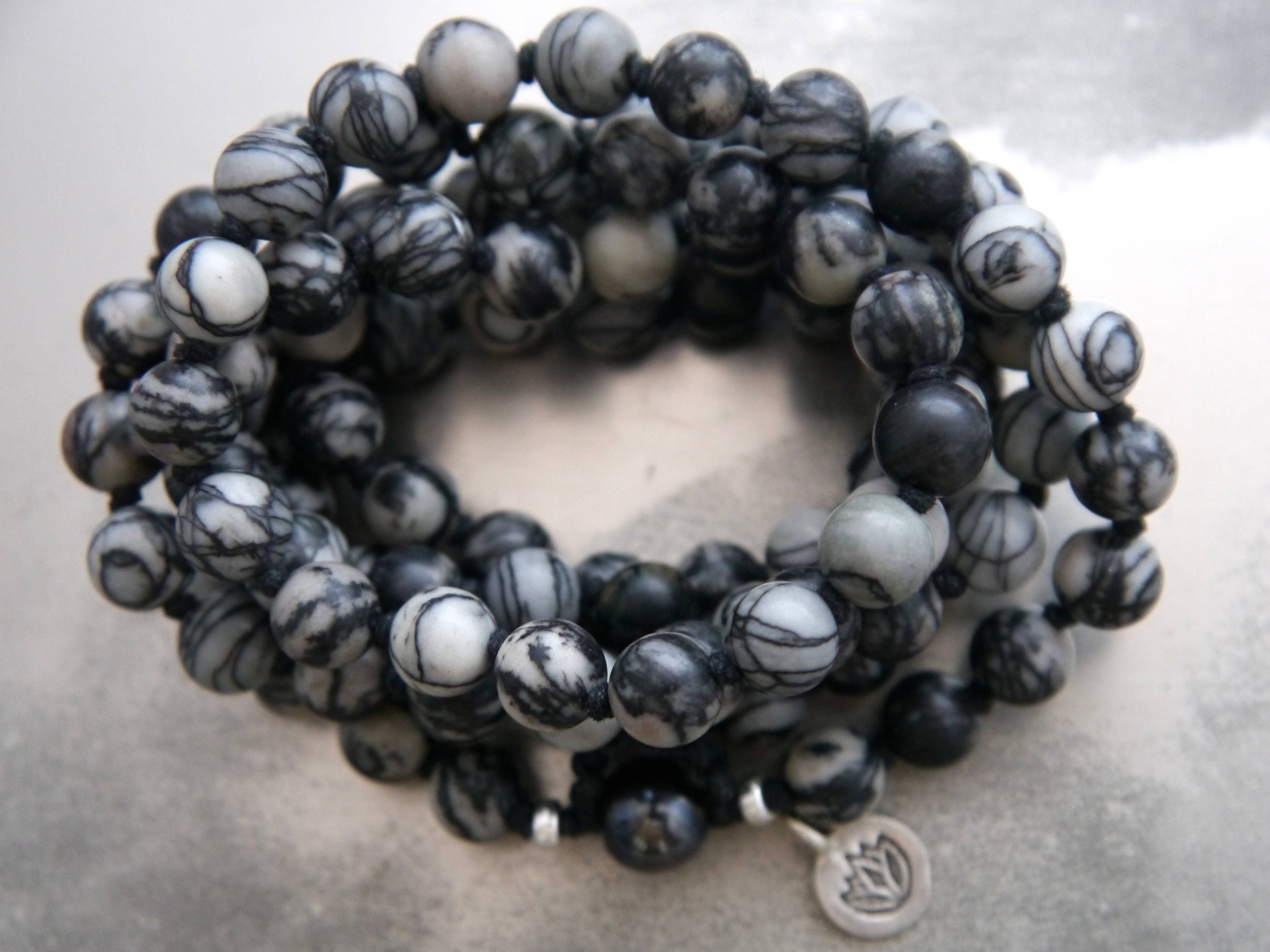 Black Silkstone Hematite 108 Mala Bead , Wrap, Hand Knotted Tibetan Prayer Beads