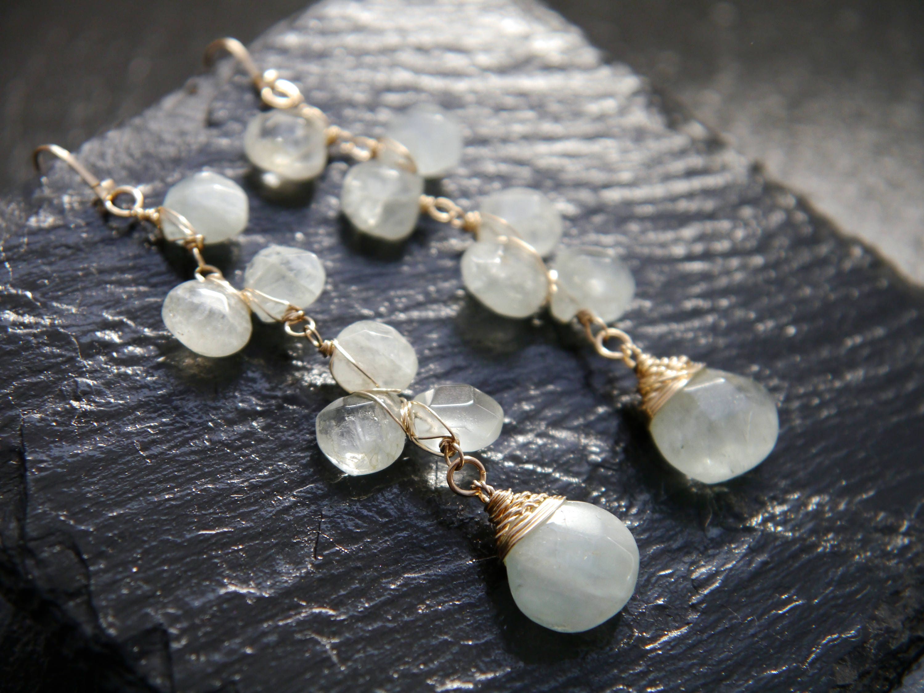 Aquamarine Long Dangle Floral Gemstone Earrings, 14K Gold Filled Garden Wedding