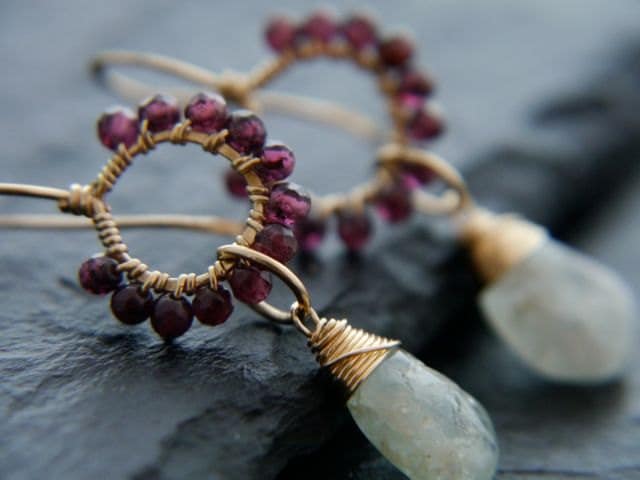 Aquamarine Garnet Floral Chandelier Gemstone Earrings, 14K Gold Filled Bohemian Style