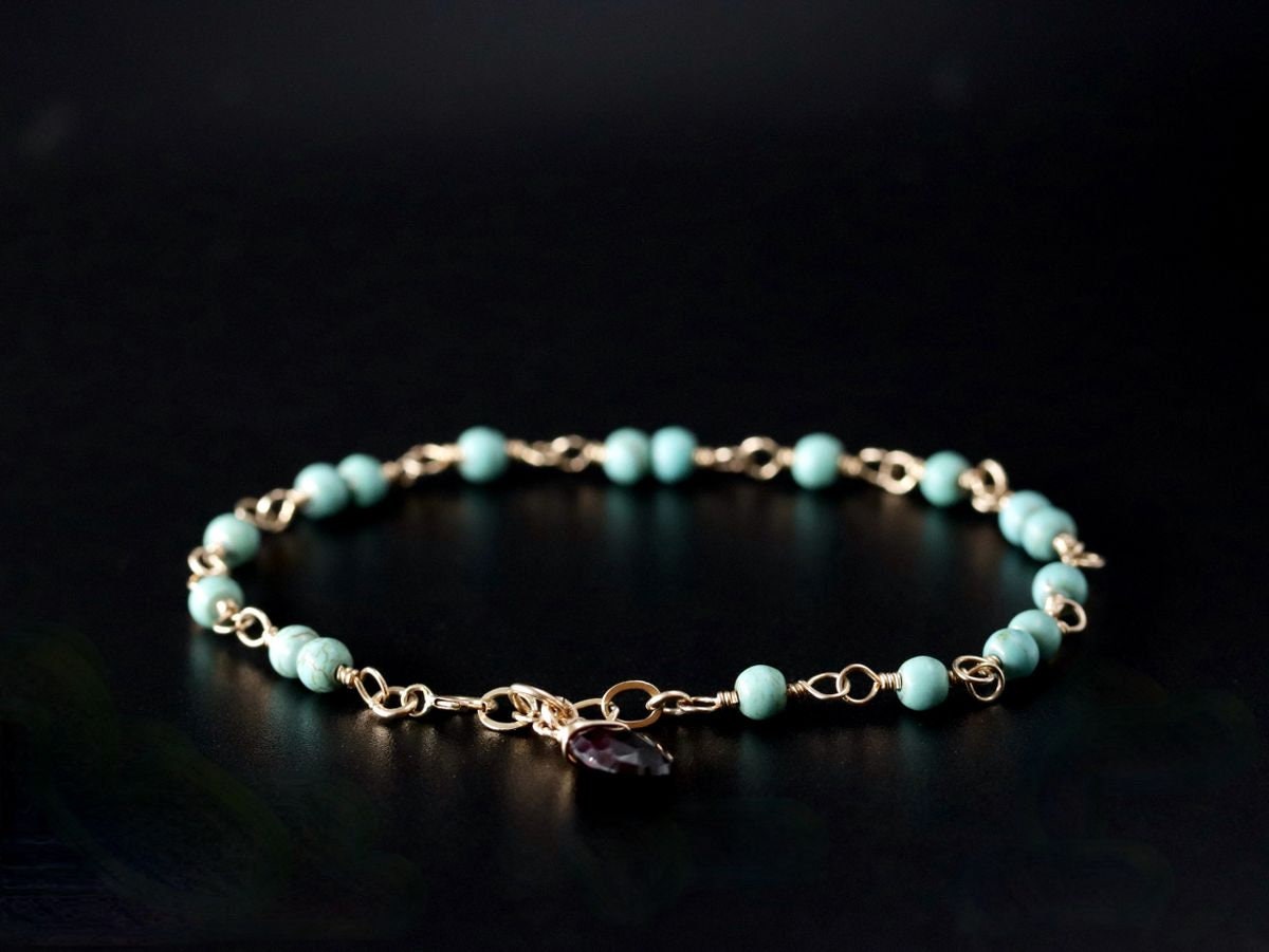 Turquoise Magnesite Garnet Gemstone Bracelet, 14K Gold Filled Rosary Chain Boho Style