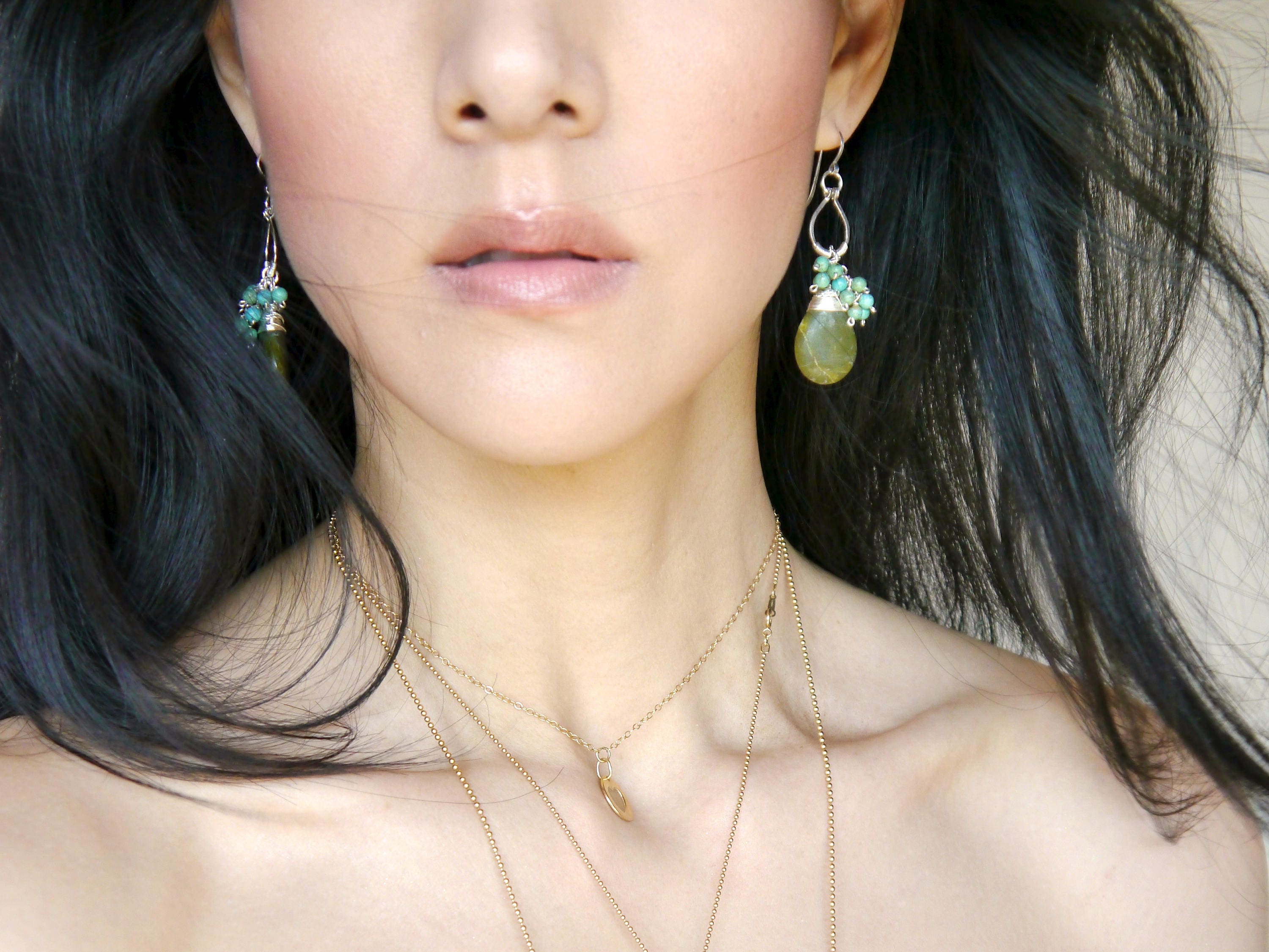 Green Vesuvianite Turquoise Magnesite Cluster Gemstone Earrings, Sterling Silver