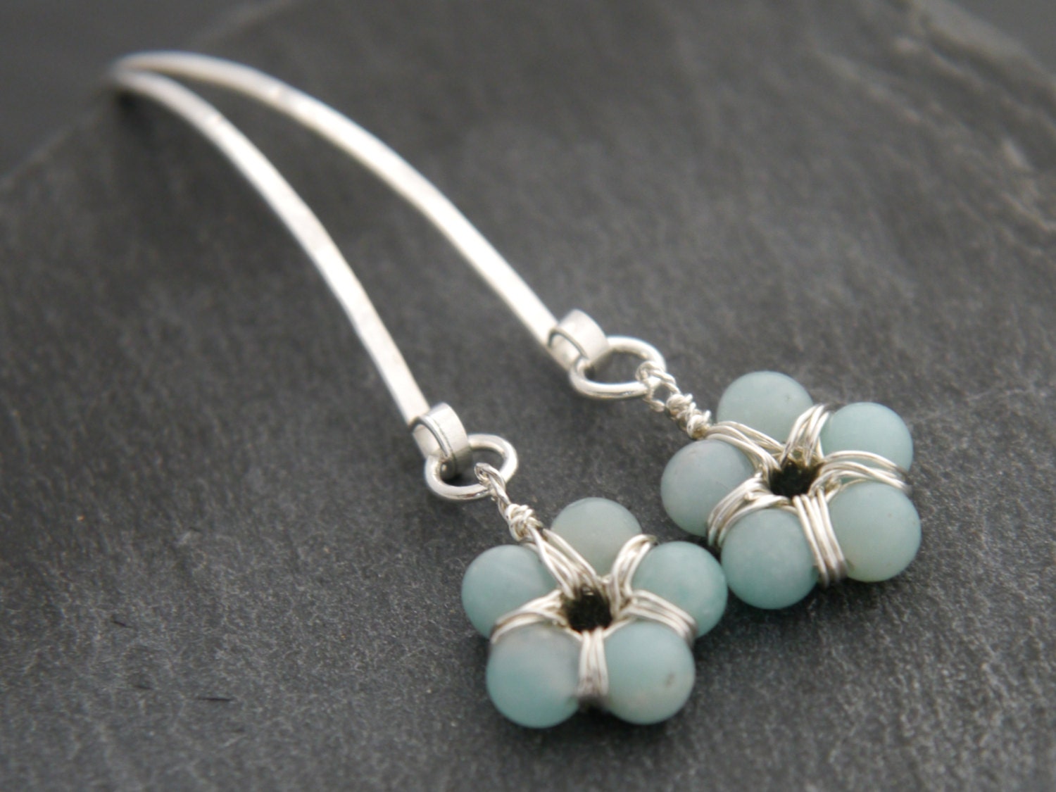 Aqua Amazonite Long Floral Hoop Gemstone Earrings, Sterling Silver Nature Inspired