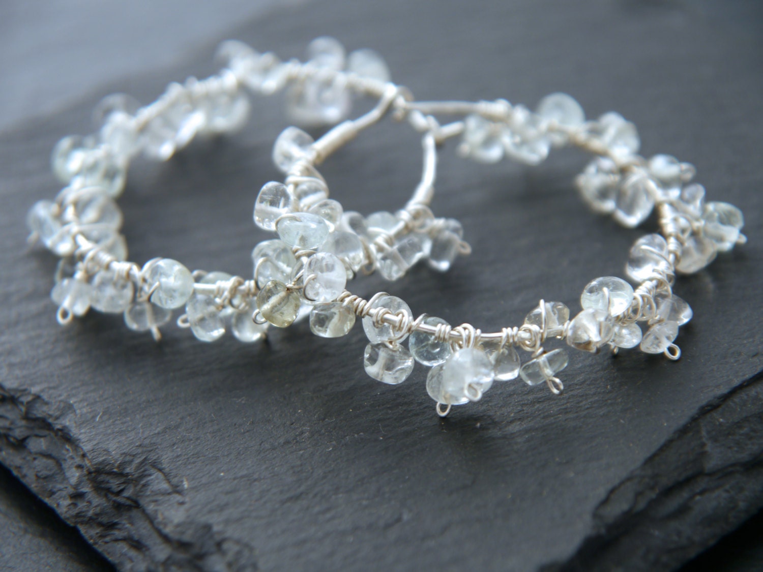 Aquamarine Floral Hoop Gemstone Earrings, Sterling Silver, Garden Wedding