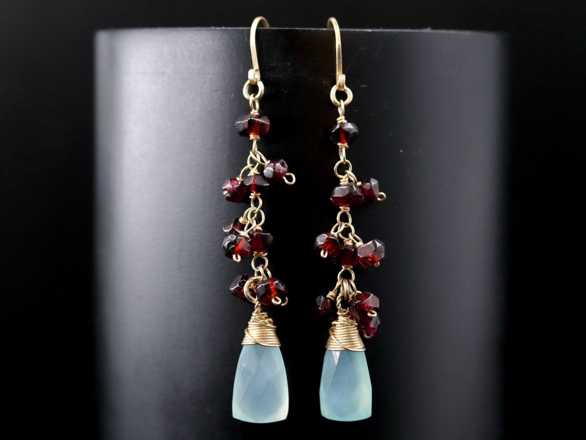 Garnet Aqua Chalcedony Briolette Dangle, Gemstone Earrings, 14K Gold Filled Boho Jewelry