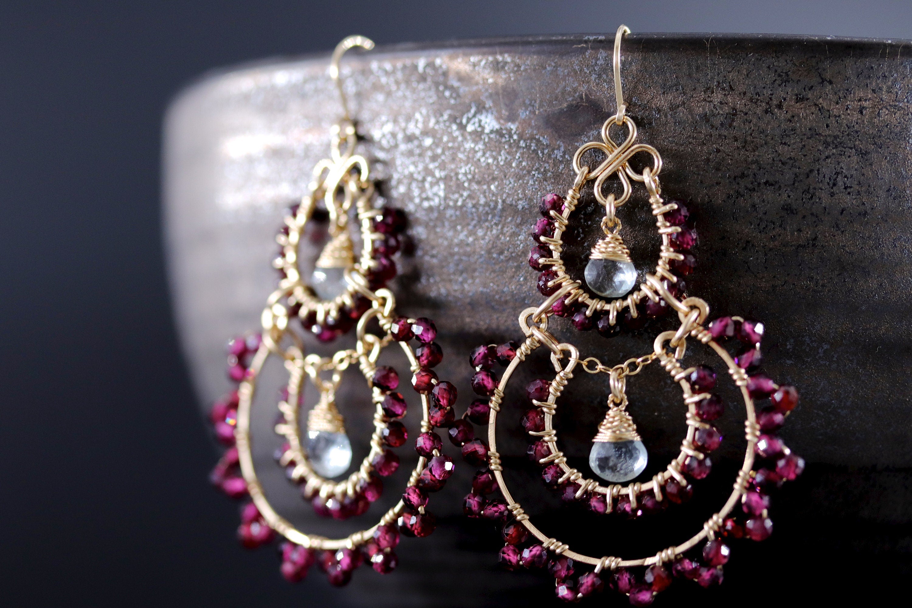 Garnet Aquamarine Fringe Chandelier Earrings, 14K Gold Filled Long Dangle, Heirloom Statement