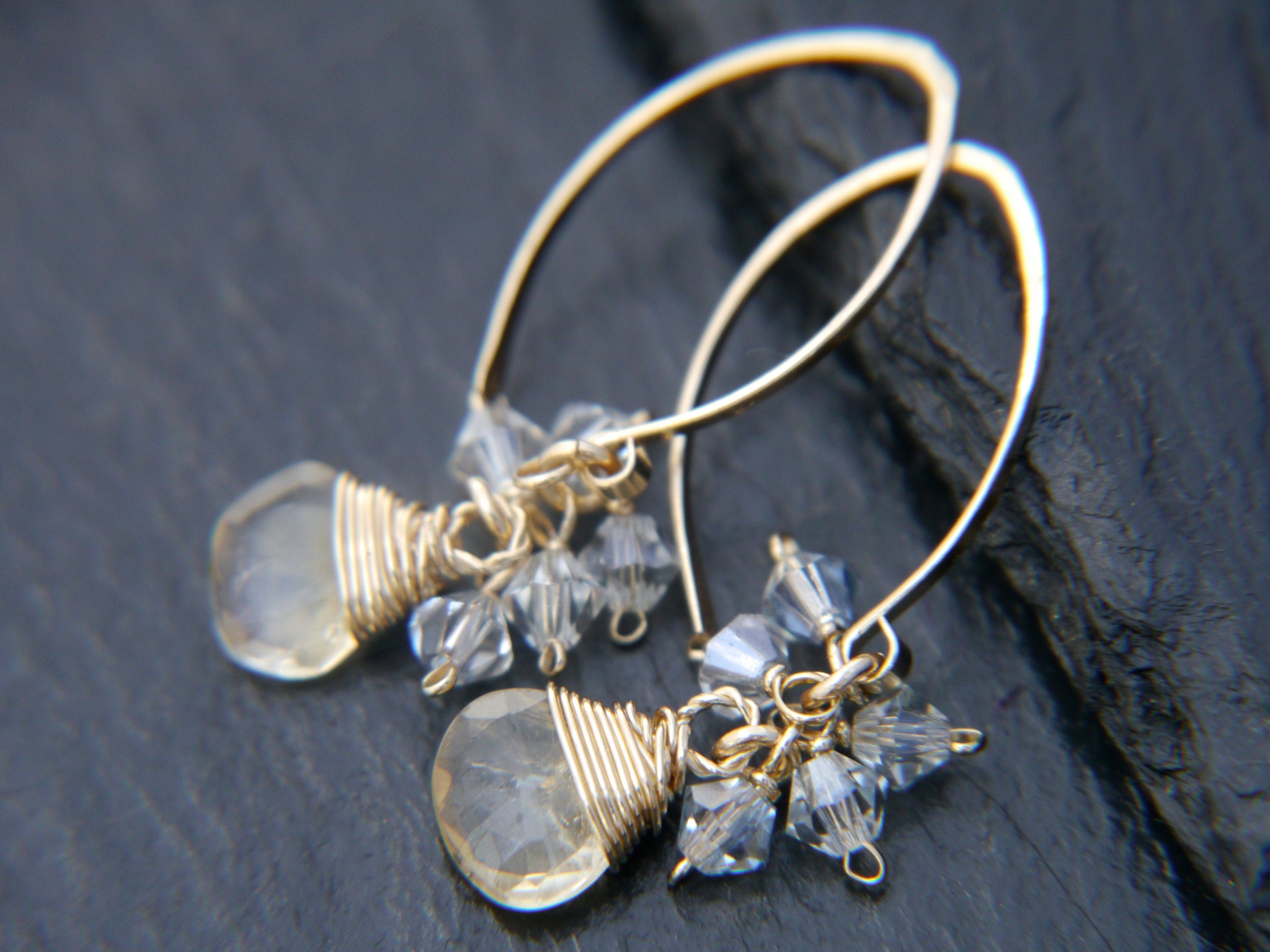 Citrine Teardrop Hoop Cluster Gemstone Earrings, 14K Gold Filled November Birthstone