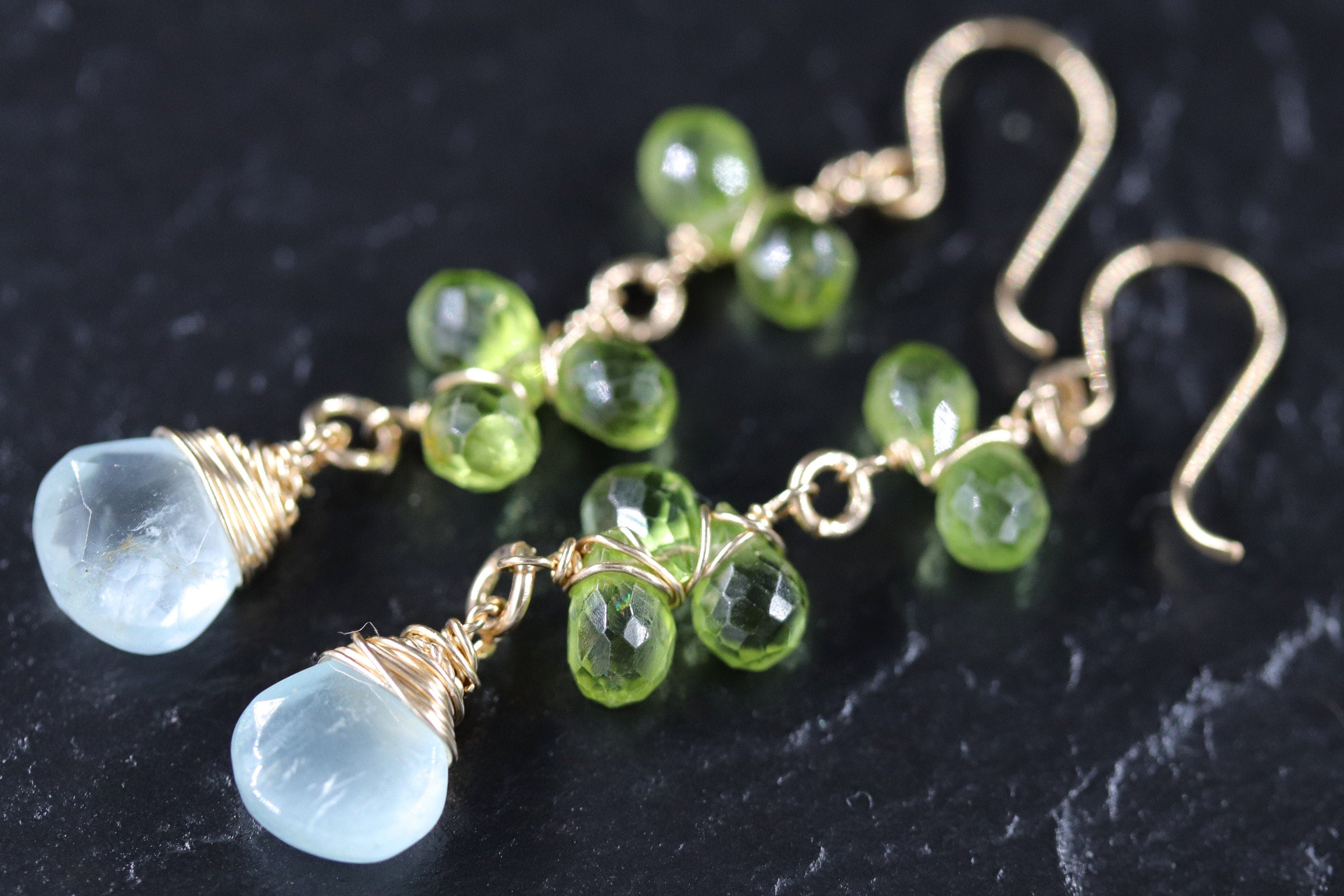 Aquamarine Peridot Dangle Vine Gemstone Earrings, 14K Gold Filled Floral Design