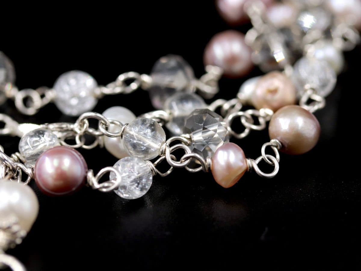 Freshwater Pearl Rosary Lariat Y Tassel Gemstone Necklace, Sterling Silver, Bohemian