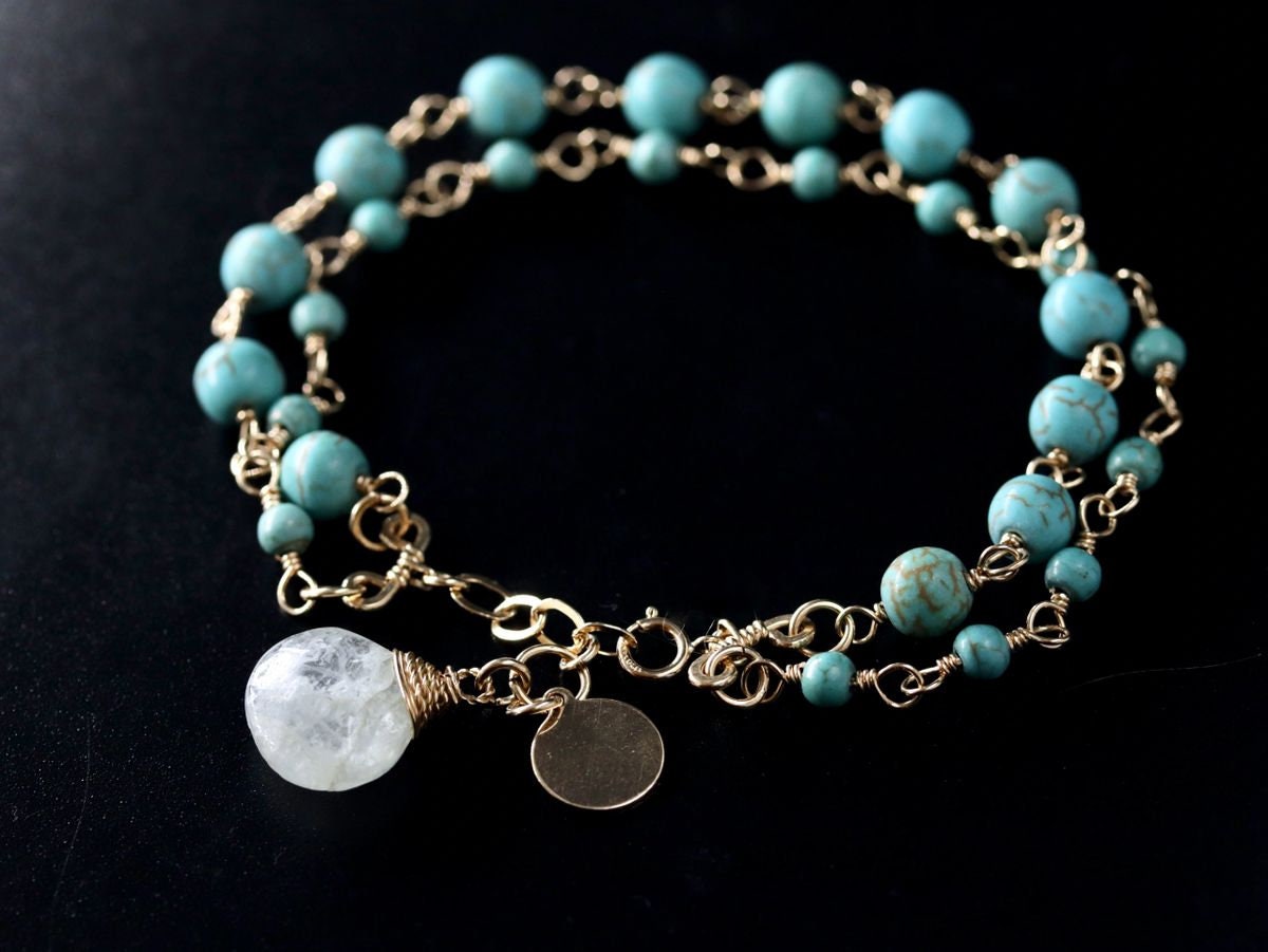 Turquoise Magnesite Aquamarine Layering Gemstone Bracelet – 14K Gold Filled Chain, March Birthstone
