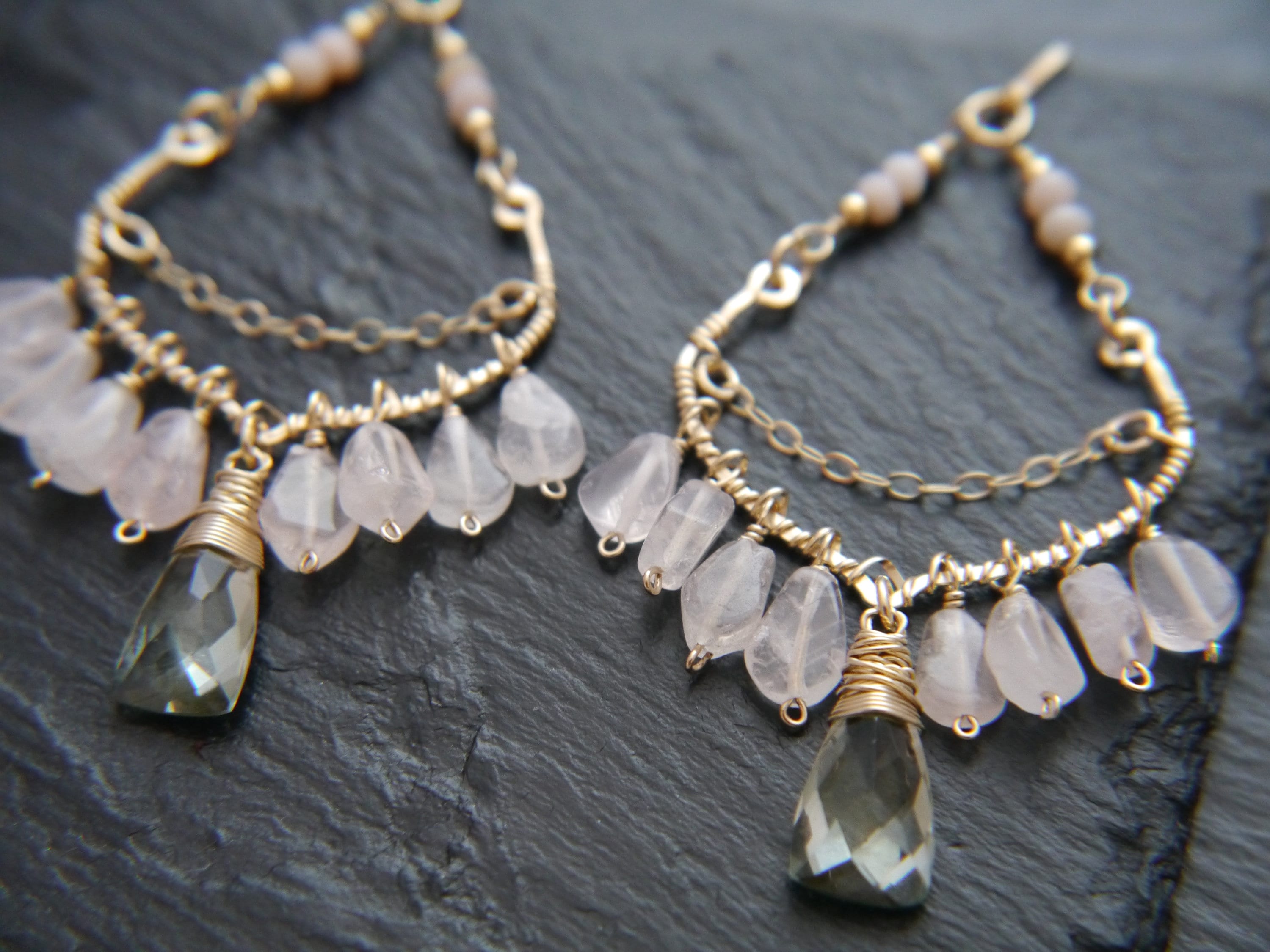 Pink Rose Quartz Bohemian Chandelier Fringe Gemstone Earrings, 14K Gold Filled Boho