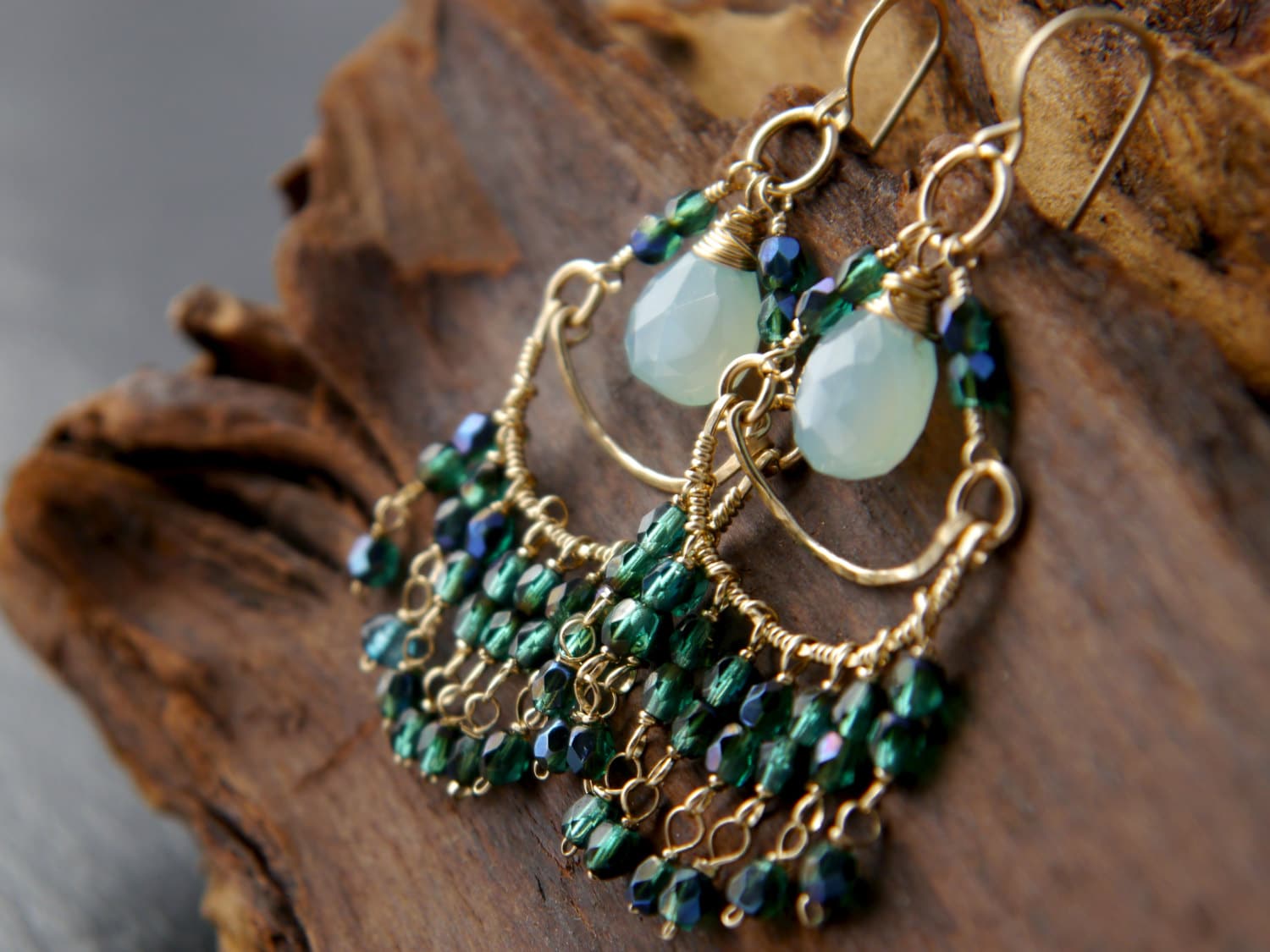 Aqua Chalcedony Chandelier Fringe Gemstone Earrings, 14K Gold Filled Boho Style