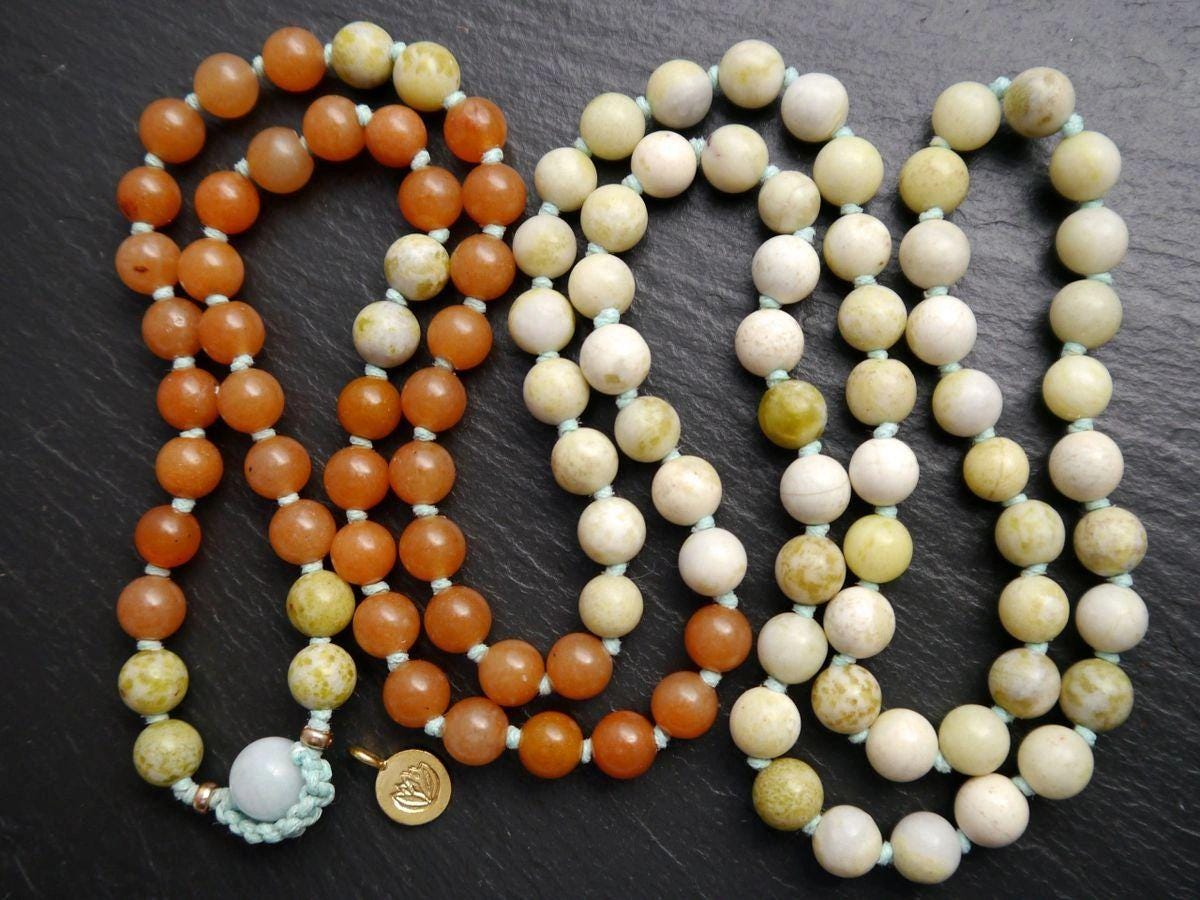 Red Aventurine, Green Peridot Serpentine Mala Beads, 108 Gemstone , Hand-Knotted