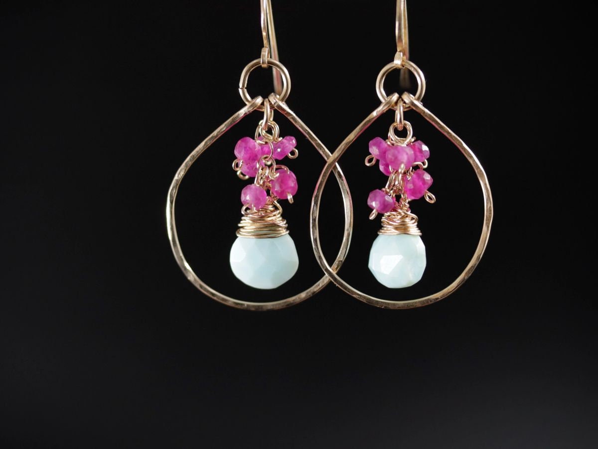 Peruvian Opal Ruby Floral Gemstone Earrings, 14K Gold Filled Bohemian Jewelry