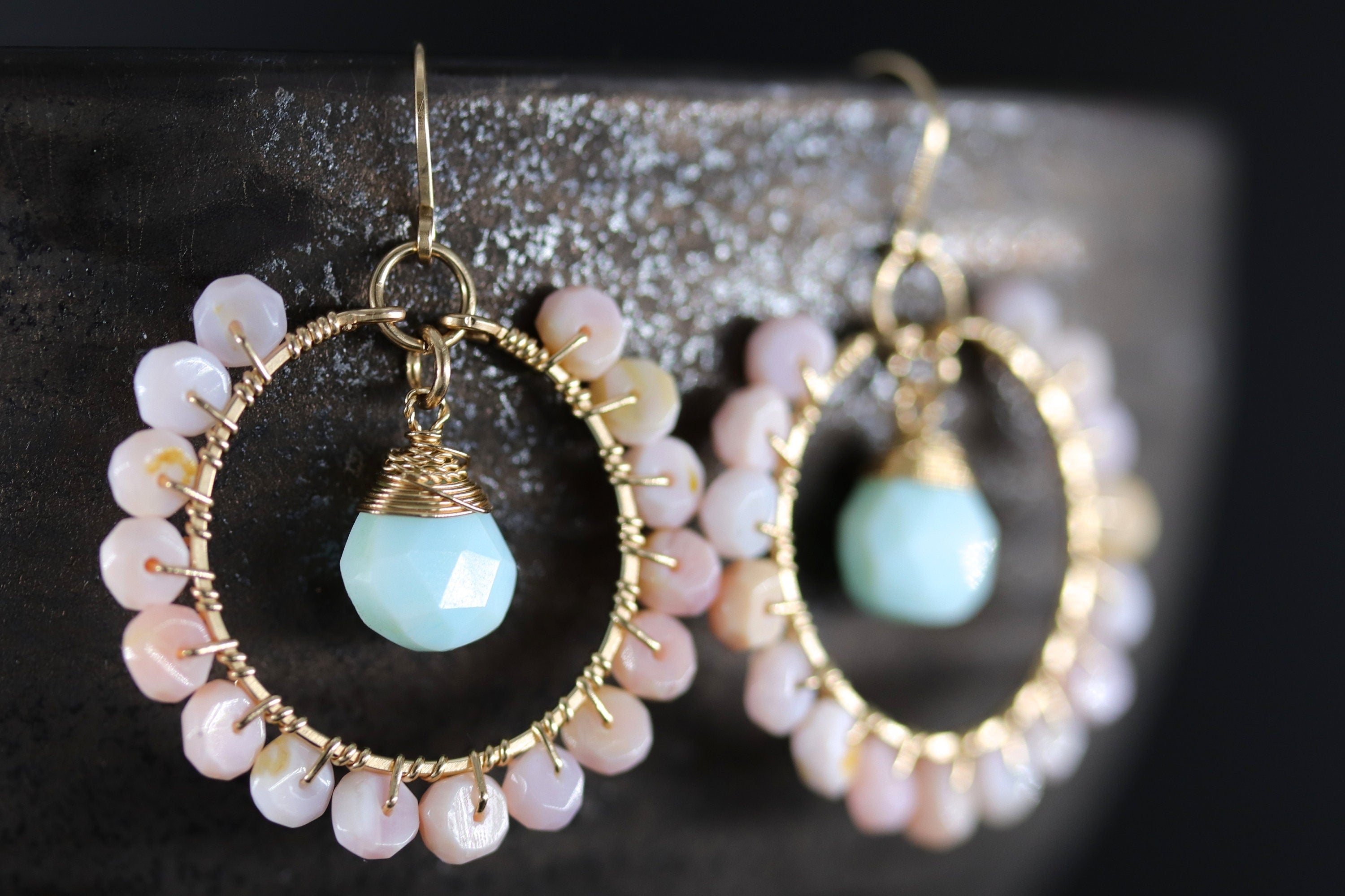 Blue Pink Opal Floral Hoop Gemstone Earrings, 14K Gold Filled Boho Chic Jewelry