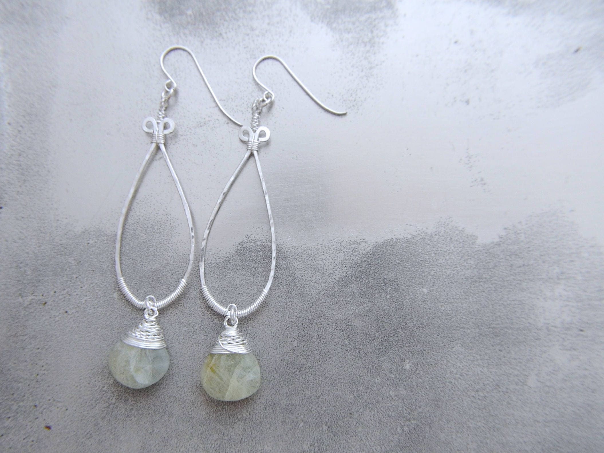 Wire Wrapped Aquamarine Teardrop Dangle Gemstone Earrings, Sterling Silver, Bridal