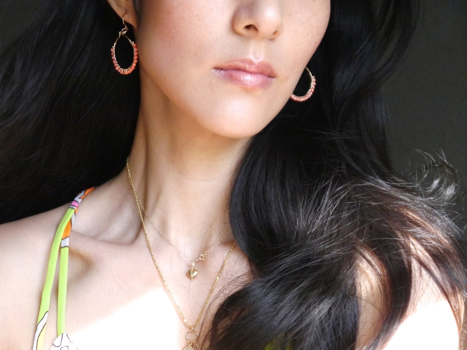 Coral Hoop Gemstone Earrings, 14K Gold Filled Bohemian Style