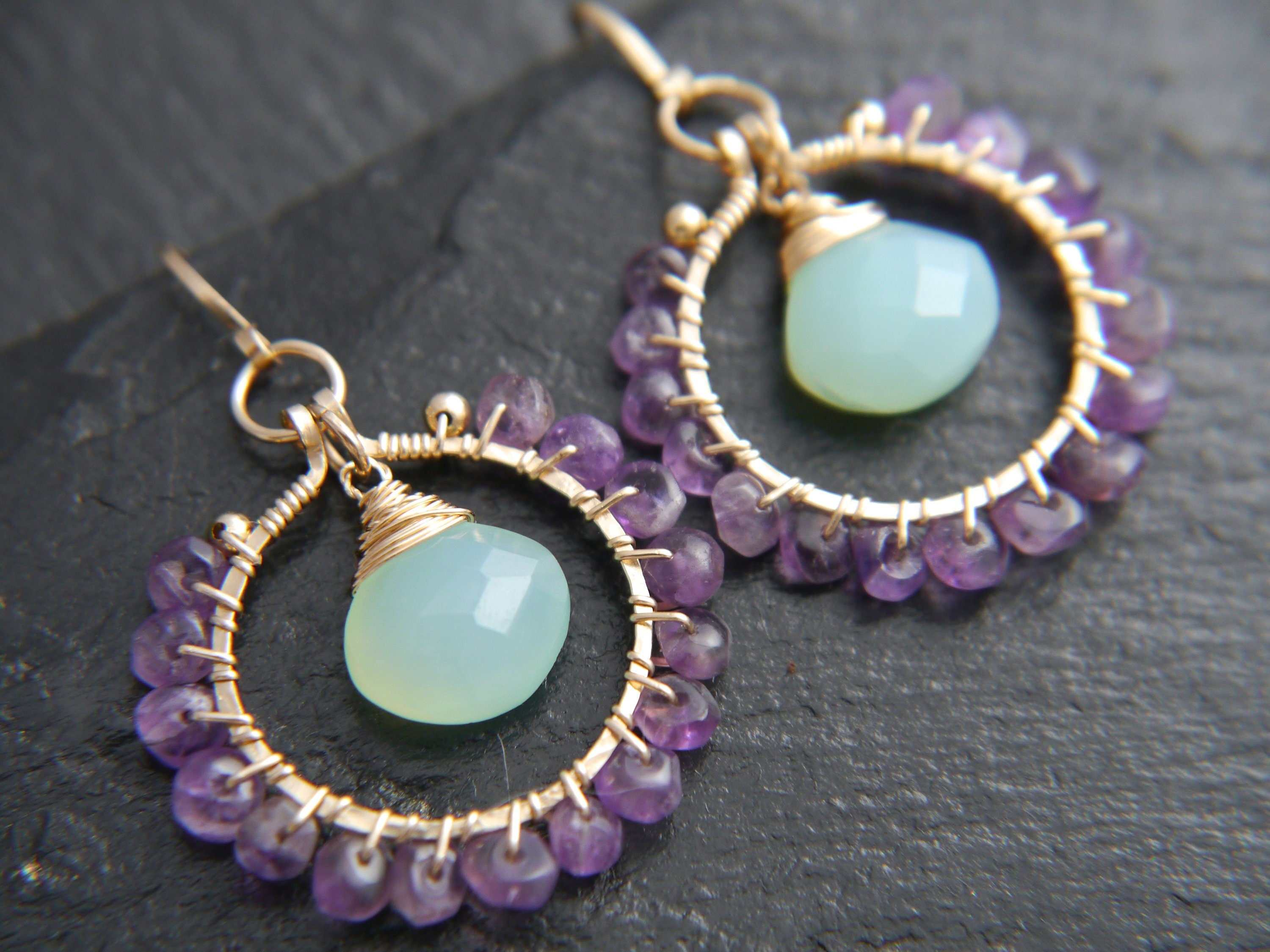 Amethyst Aqua Chalcedony Hoop Earrings, 14K Gold Filled Gemstone Hoops, Boho Jewelry