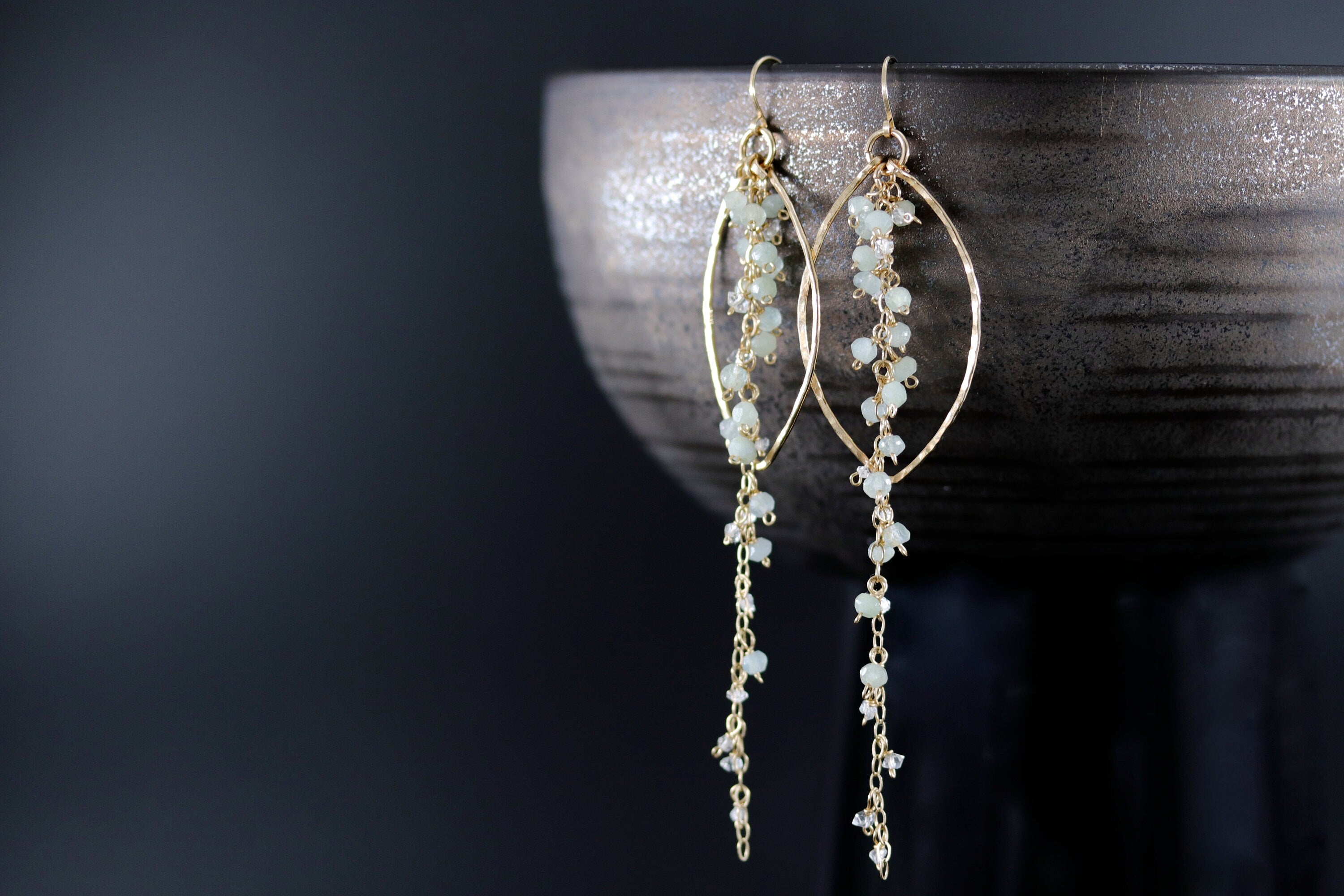 Aquamarine Fringe Chandelier Earrings, 14K Gold Filled Boho Dangle, Wedding Jewelry