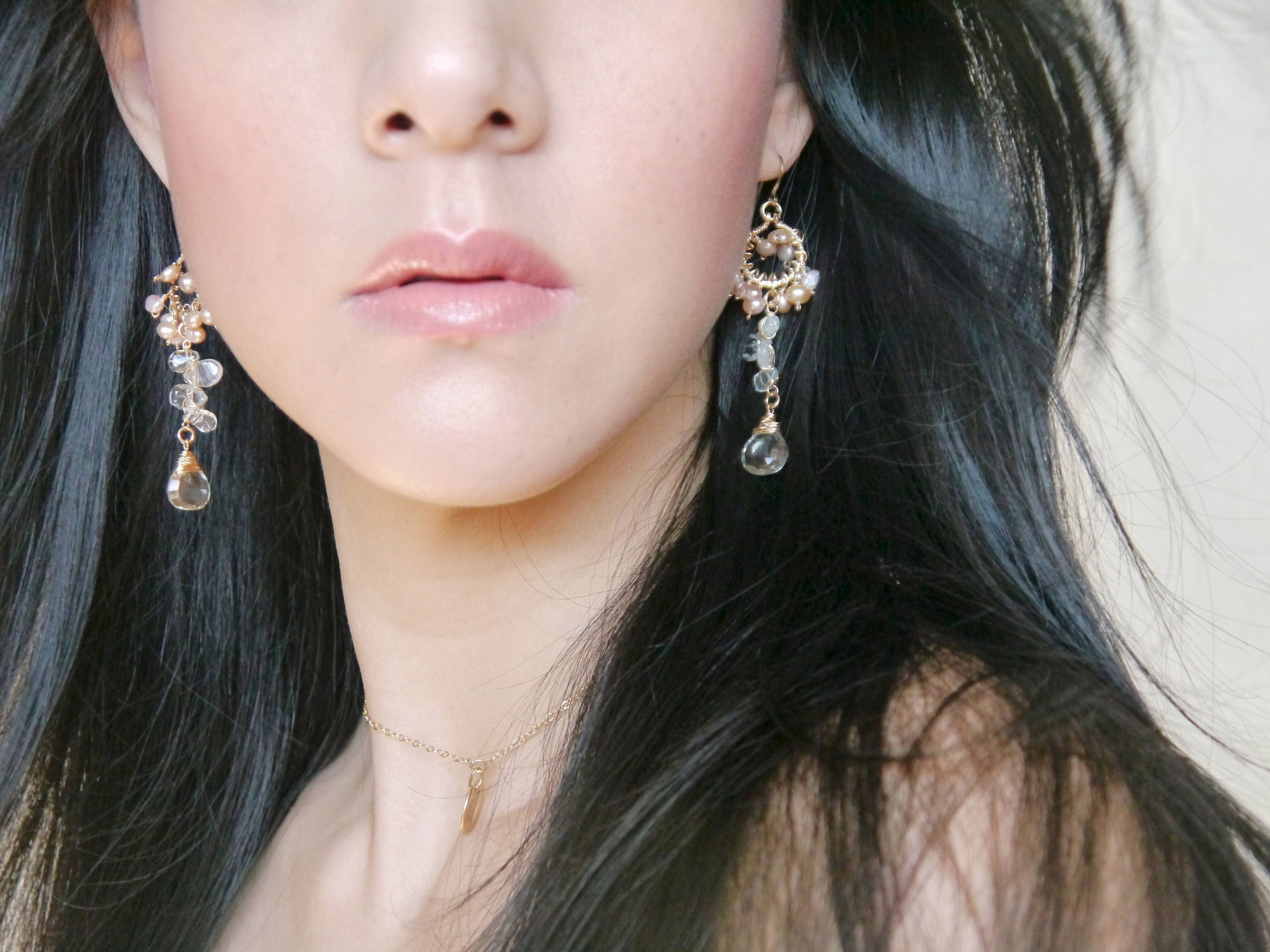 Aquamarine Pearl Long Dangle Cluster Floral Gemstone Earrings, , 14K Gold Filled Romantic