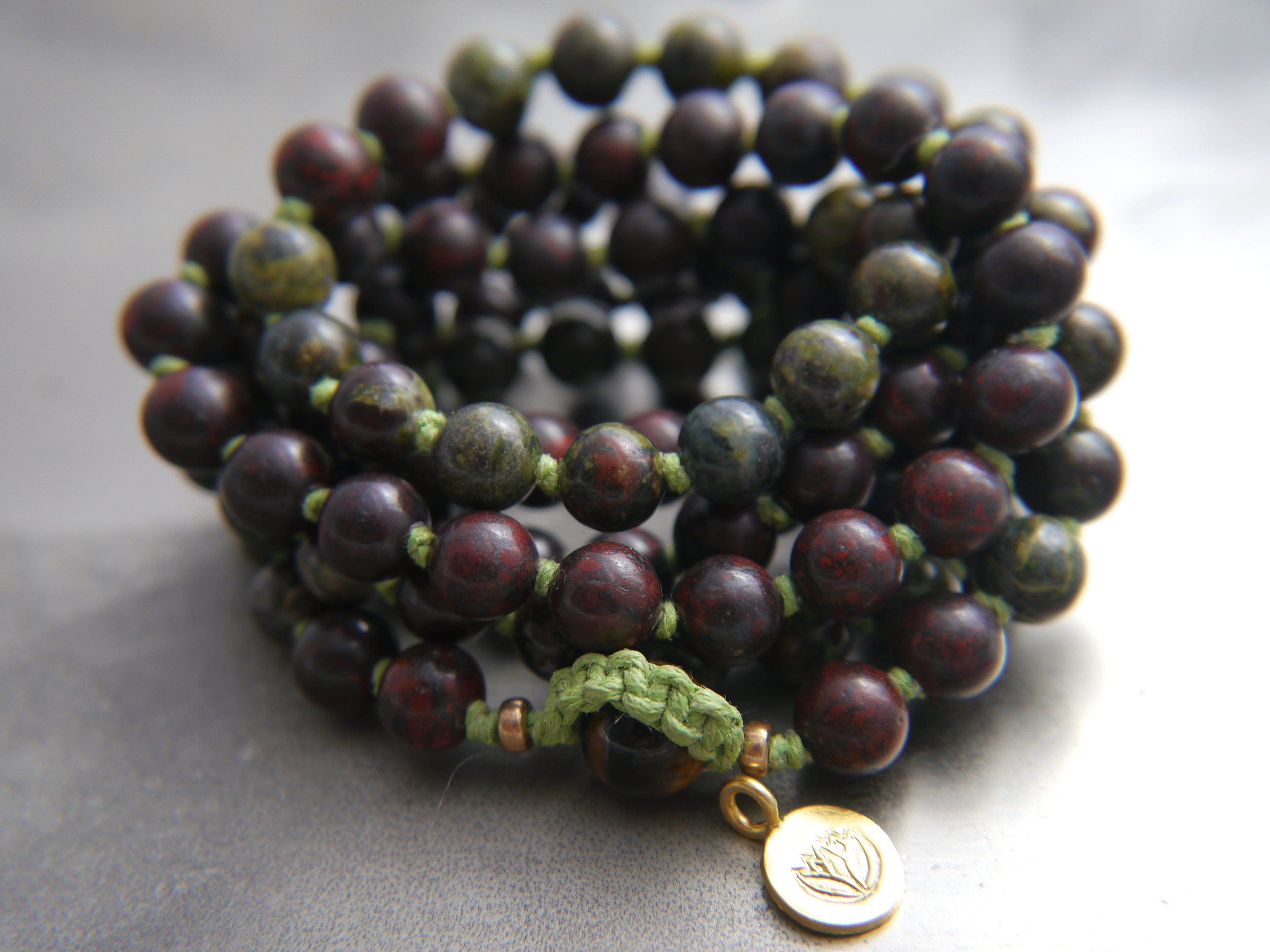 Deep Red Dragon’s Blood Jasper Mala Beads, 108 Gemstone Beads, Wrap, Hand Knotted
