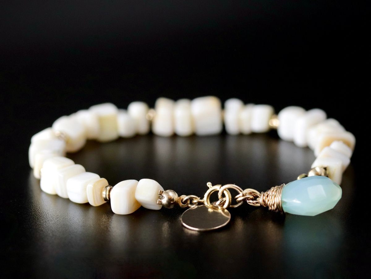 Mother of Pearl Aqua Chalcedony Beaded Gemstone Bracelet – 14K Gold Filled Jewelry