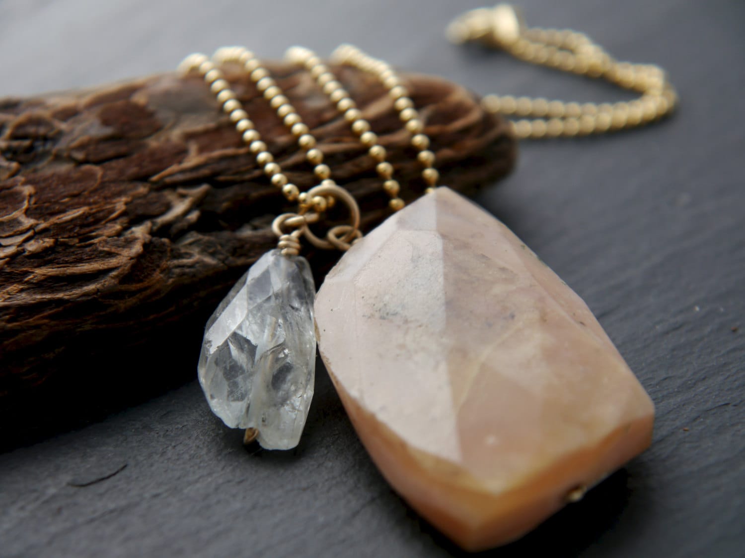 Pink Opal Aquamarine Flower Pendant Gemstone Necklace, 14K Gold Filled, Bridal