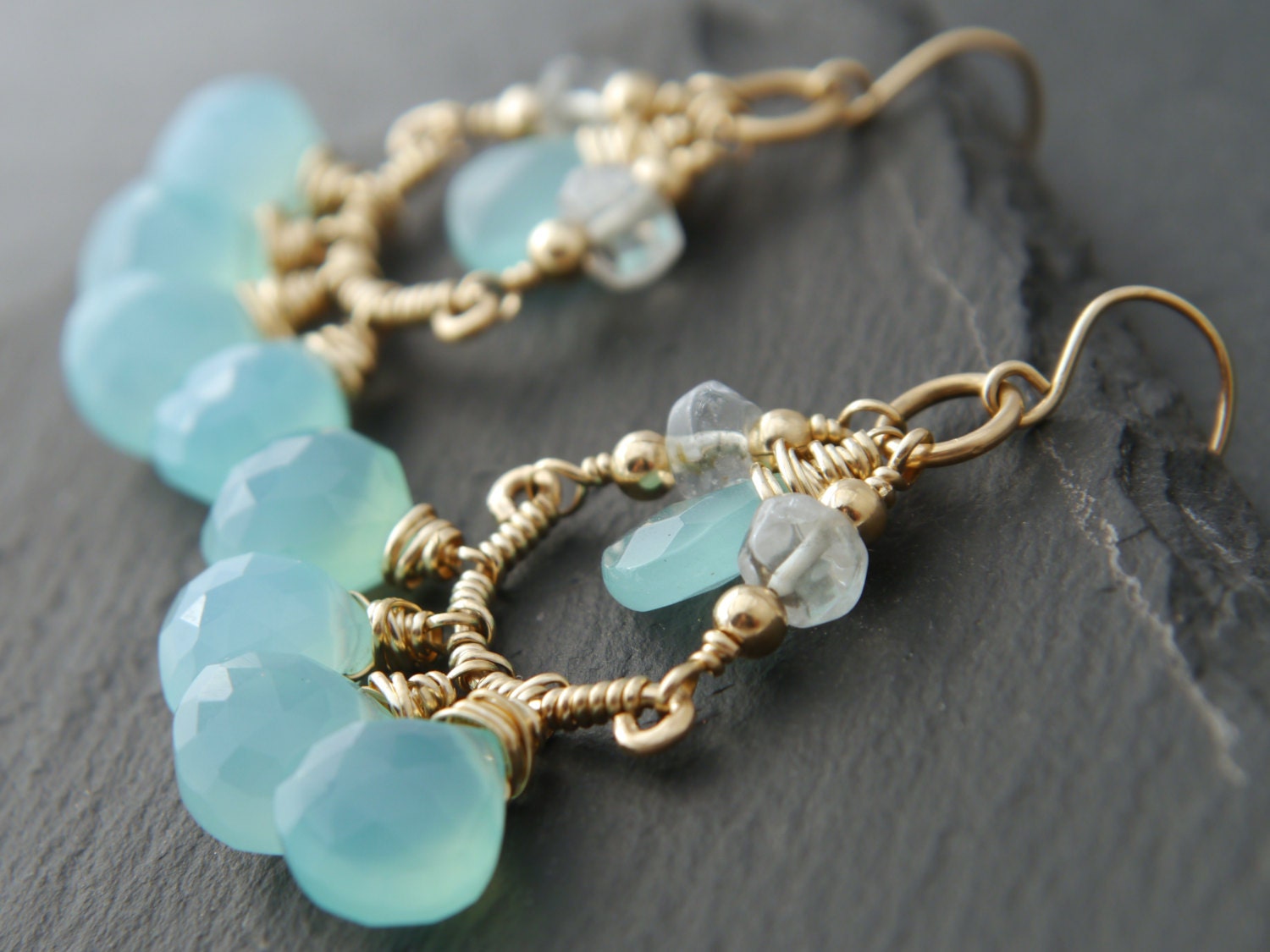 Aqua Chalcedony Heart Chandelier Gemstone Earrings, 14K Gold Filled Something Blue