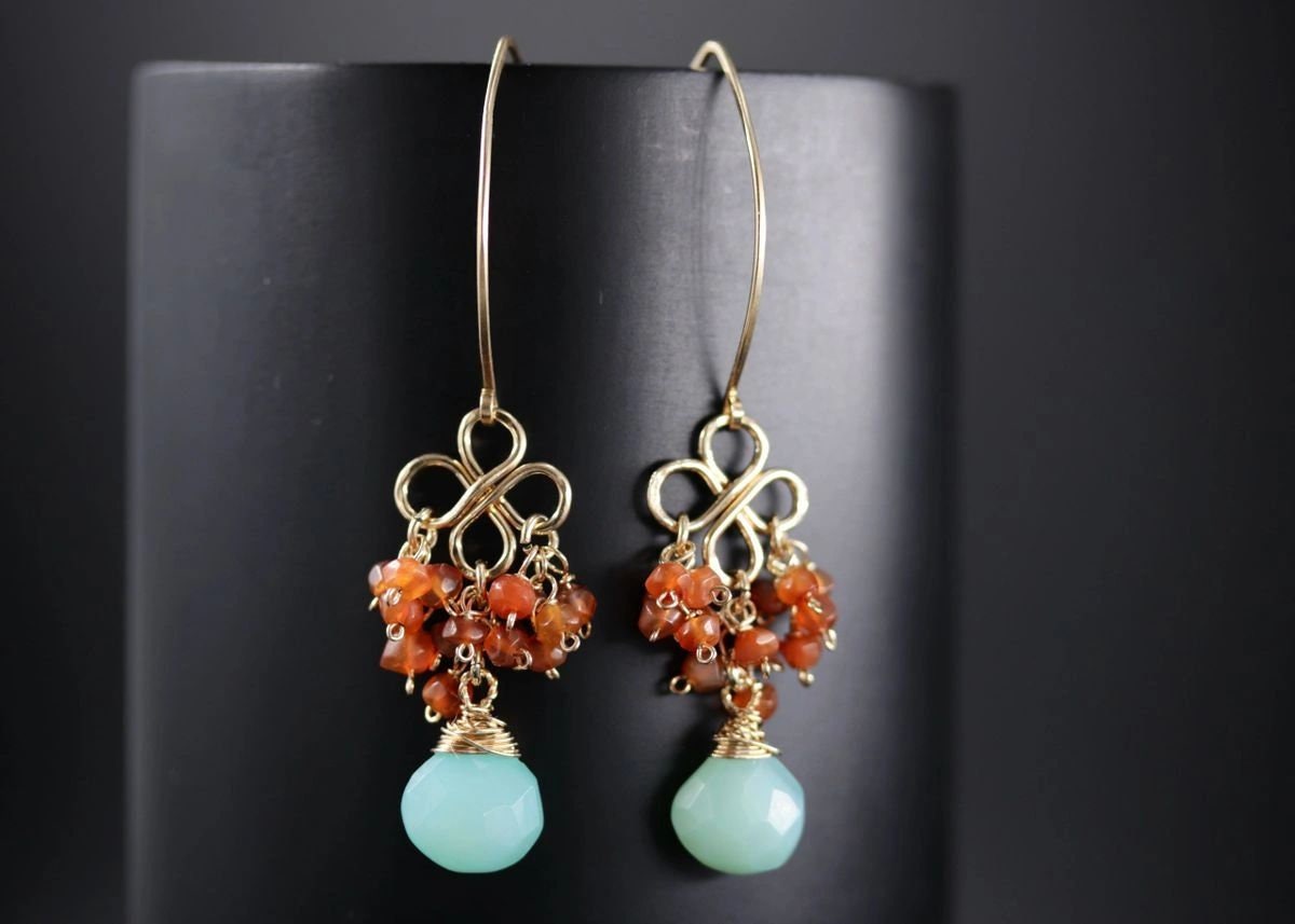 Aqua Chalcedony Carnelian Cluster Earrings, 14K Gold Filled Briolette Dangle, Artisan Jewelry