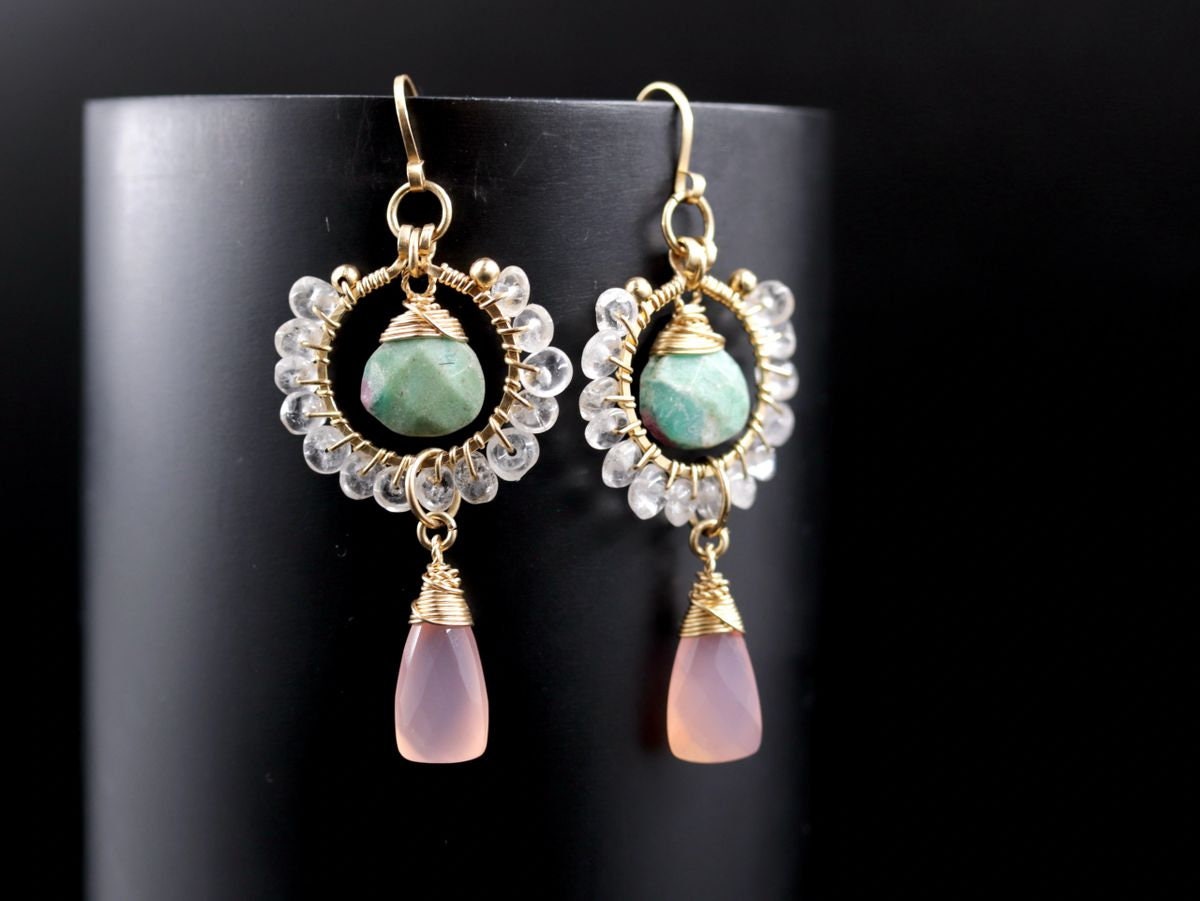 Pink Chalcedony Trillion Ruby in Fuchsite Floral Gemstone Earrings, 14K Gold Filled Unique Boho