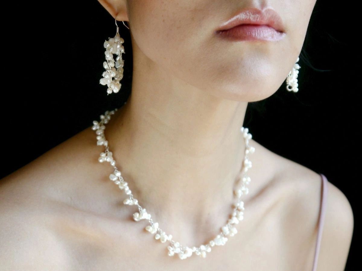 White Freshwater Pearl Flower Necklace, Sterling Silver, Floral Bride Organic Wedding