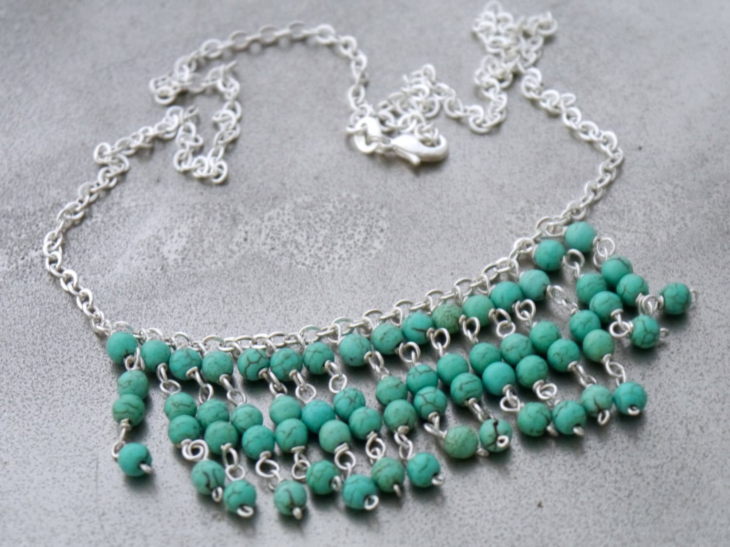 Turquoise Magnesite Tassel Chain Gemstone Necklace, Sterling Silver, Bohemian