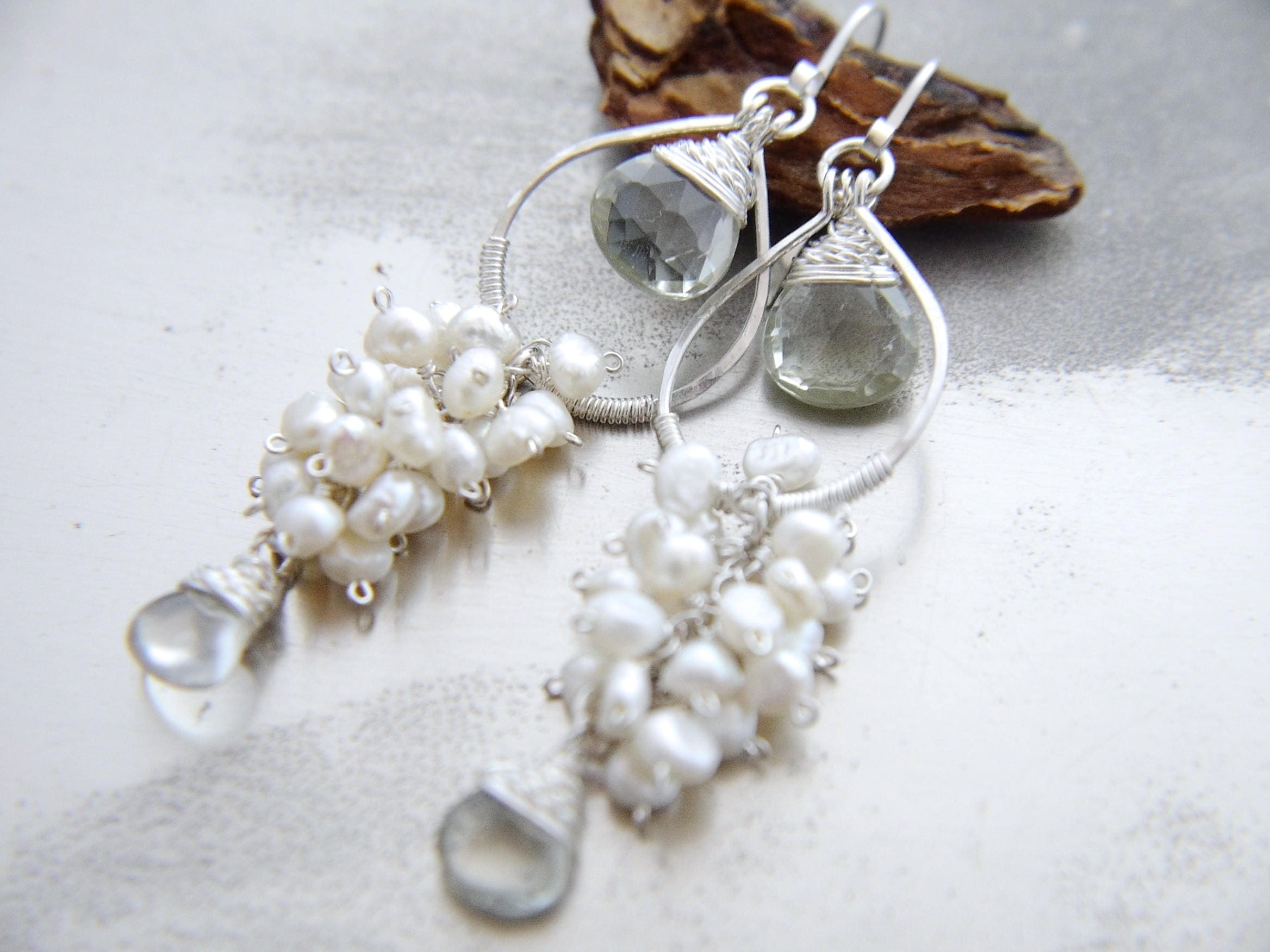 Pearl Quartz Chandelier Gemstone Earrings, Sterling Silver, Nature Inspired Wedding
